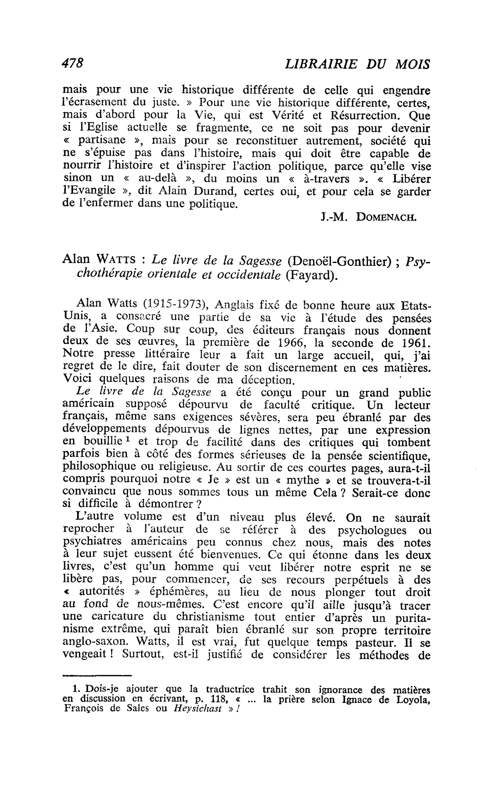 Alan Watts : Le livre de la Sagesse ; Psychothérapie orientale et occidentale