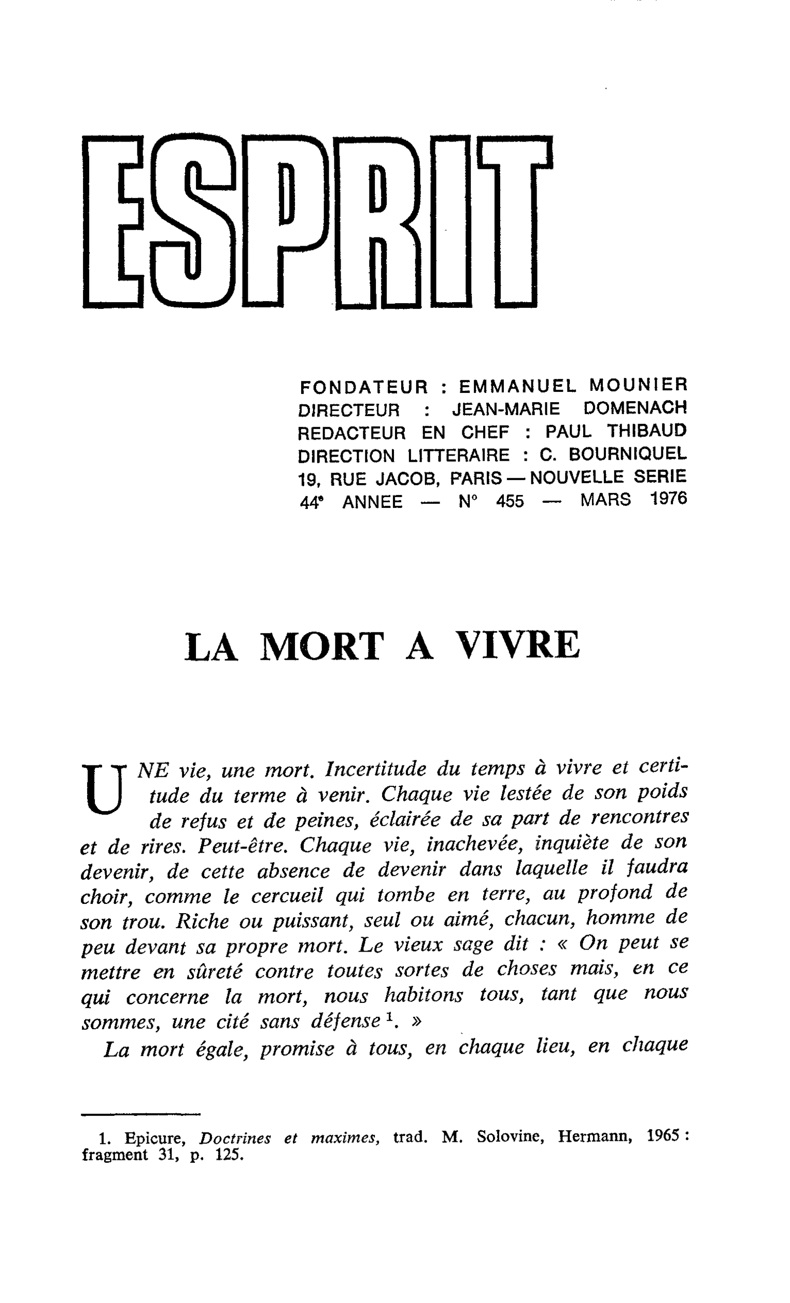 La mort à vivre