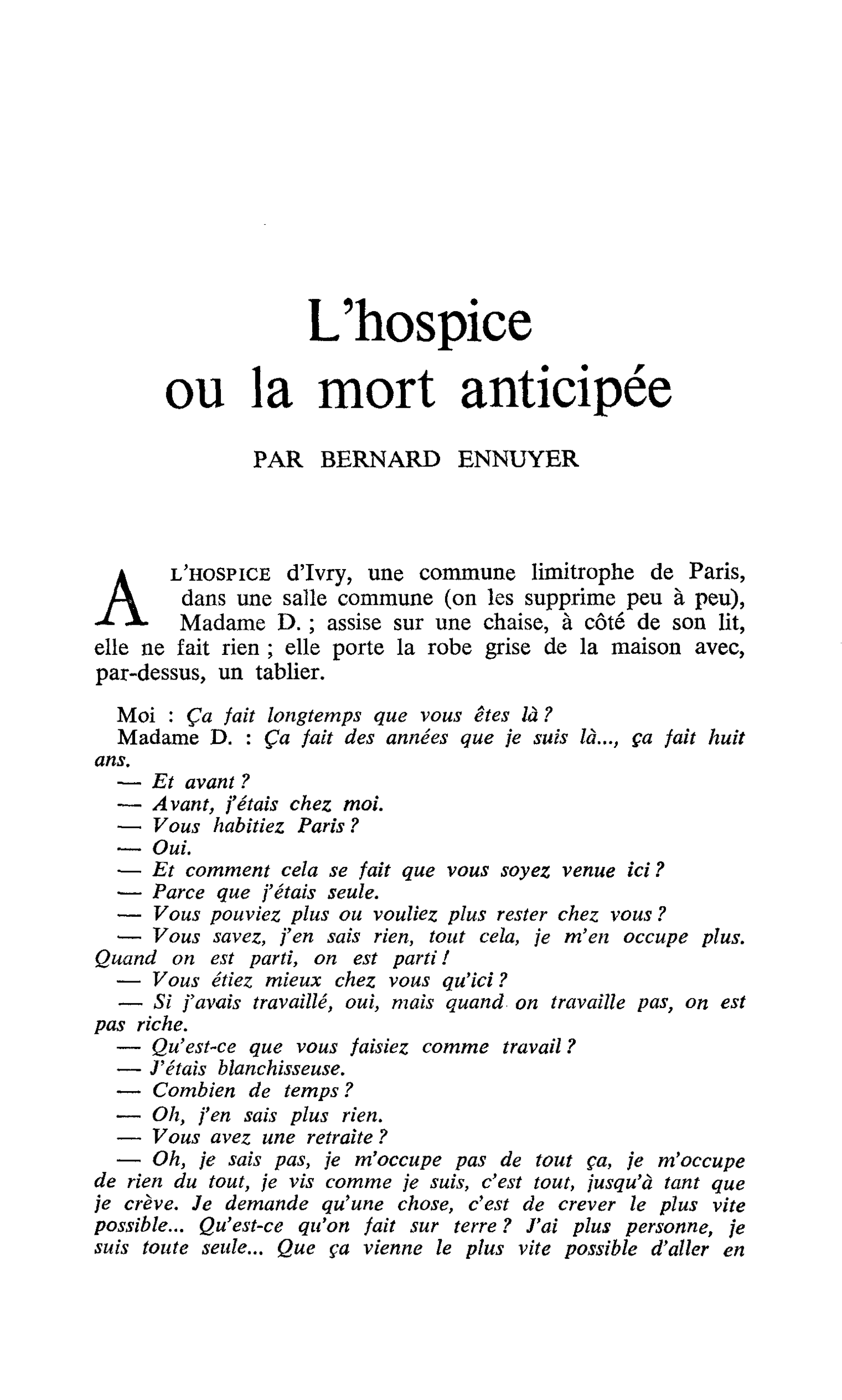 L’hospice ou la mort anticipée