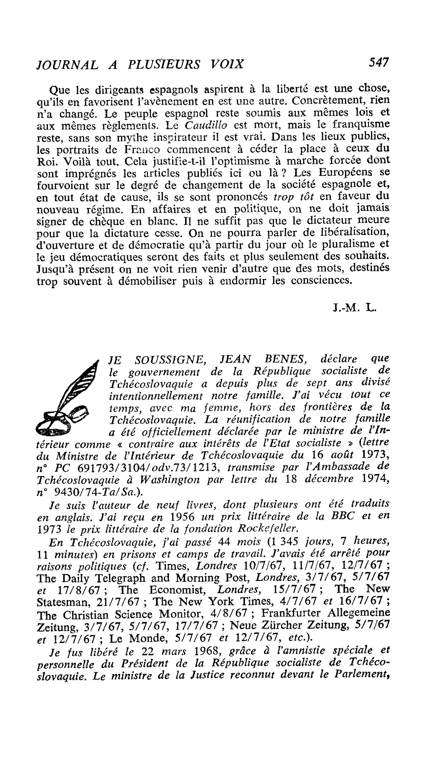 JE SOUSSIGNE, JEAN BENES