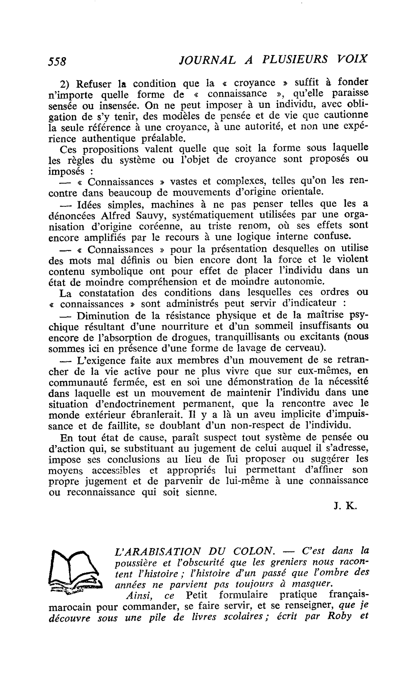 L’ARABISATION DU COLON