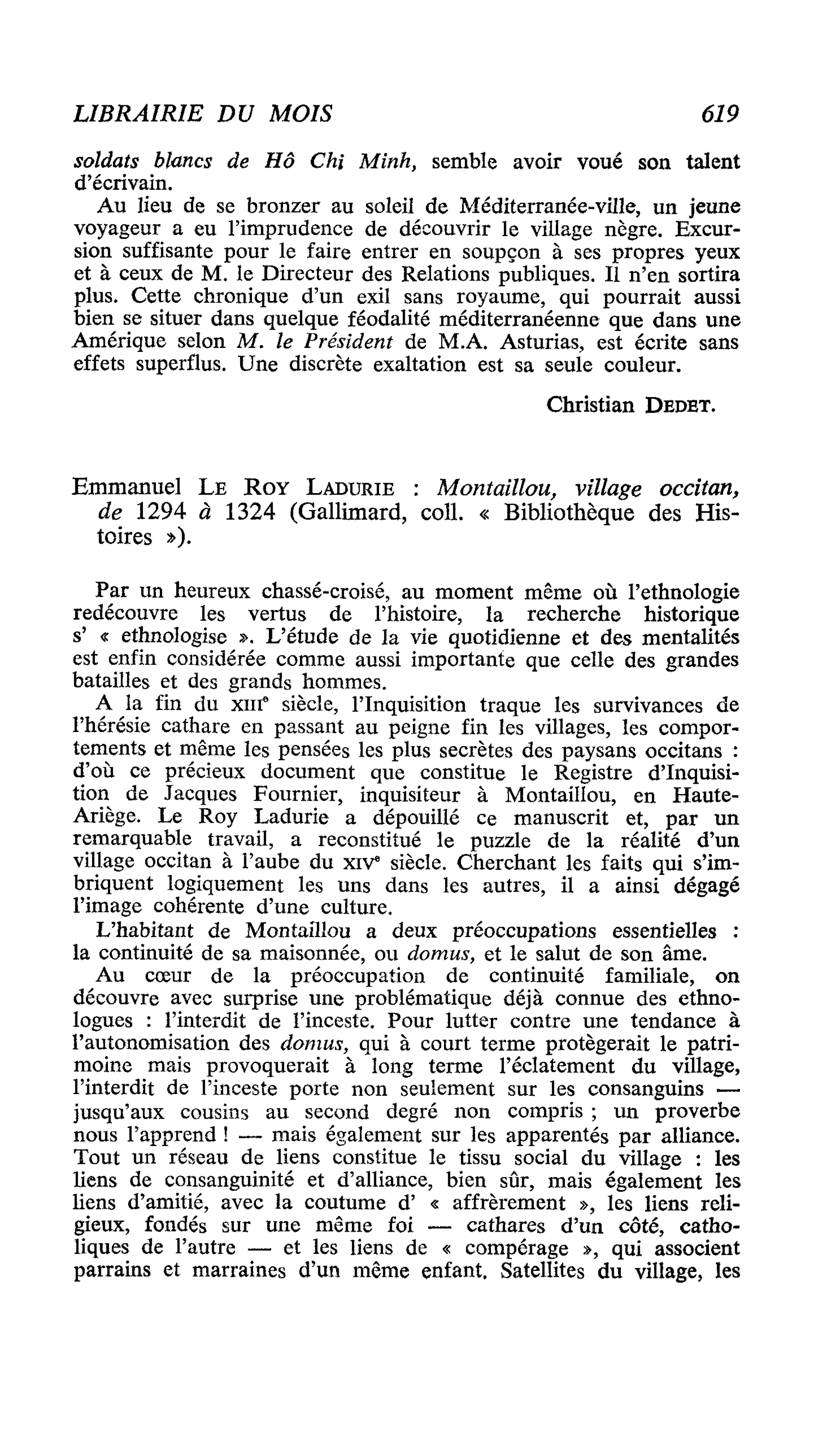 Emmanuel LE ROY LADURIE : Montaillou, village occitan de 1294 à 1324
