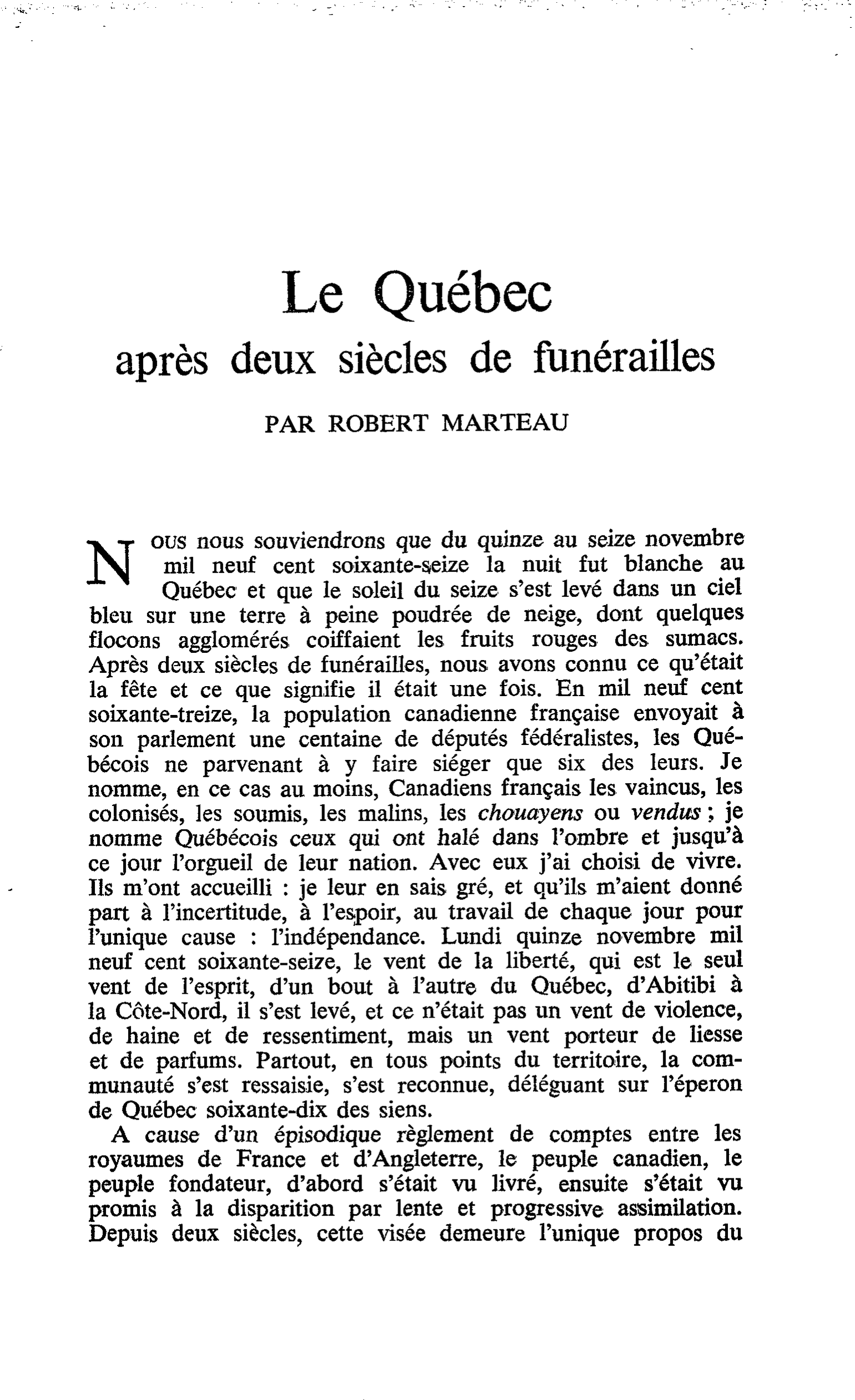 Le Québec après deux siècles de funérailles