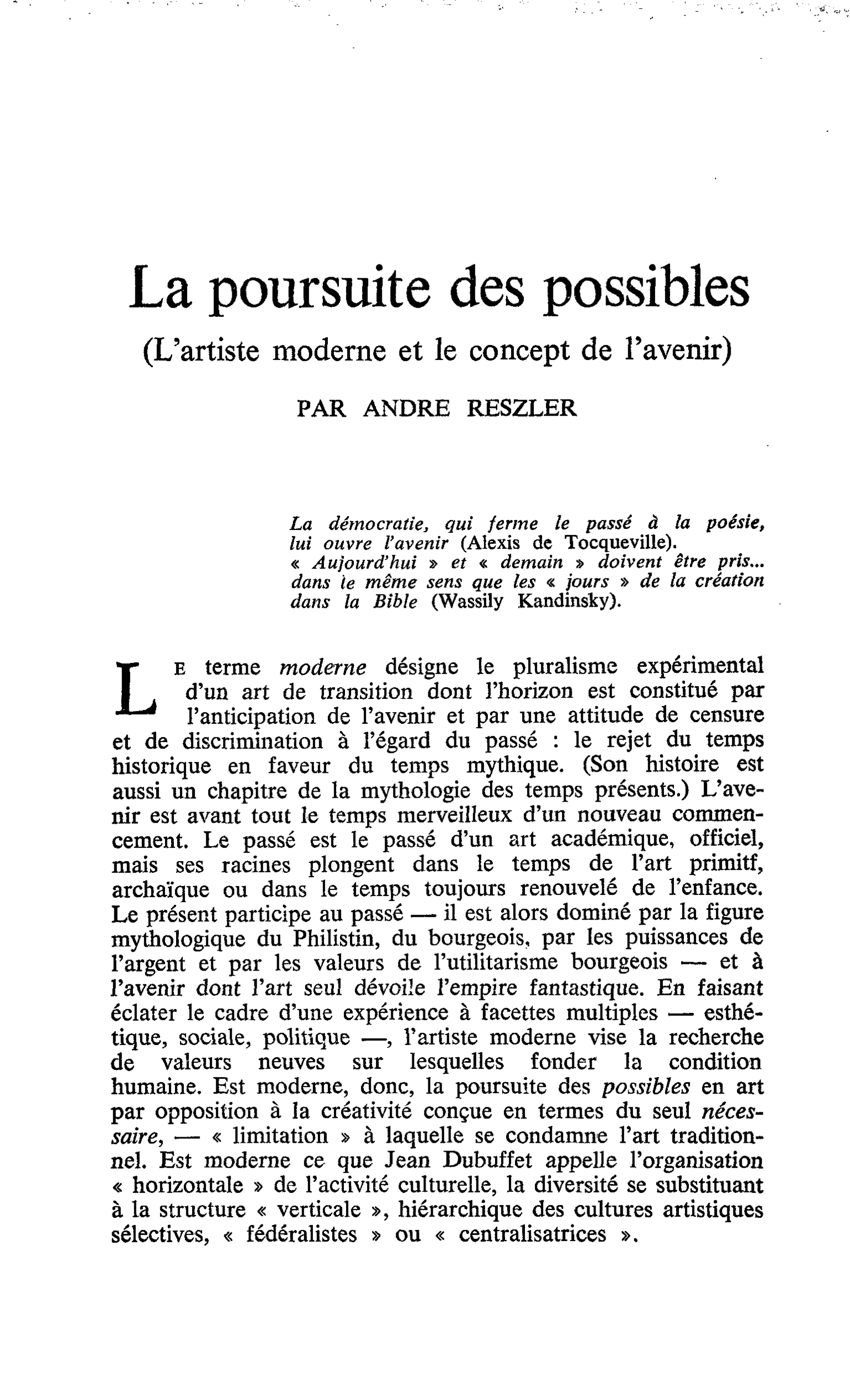 La poursuite des possibles. (L’artiste moderne et le concept de l’avenir)