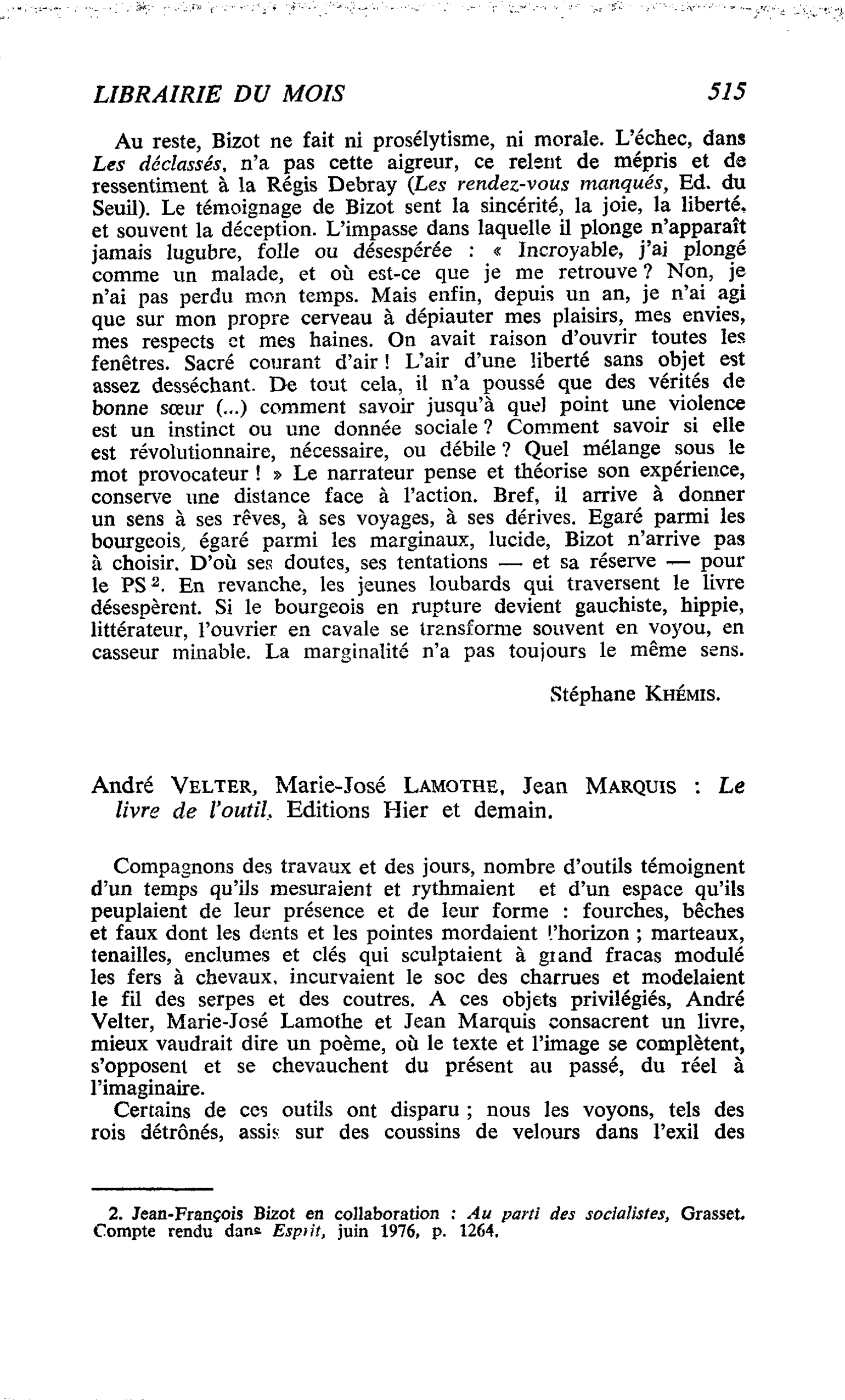André Velter, Marie-José Lamothe, Jean Marquis : Le livre de l’outil