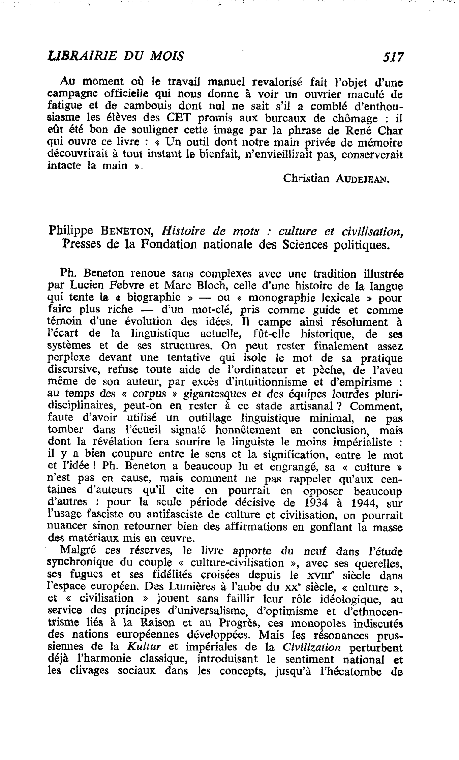 Philippe Beneton, Histoire de mots : culture et civilisation, 
