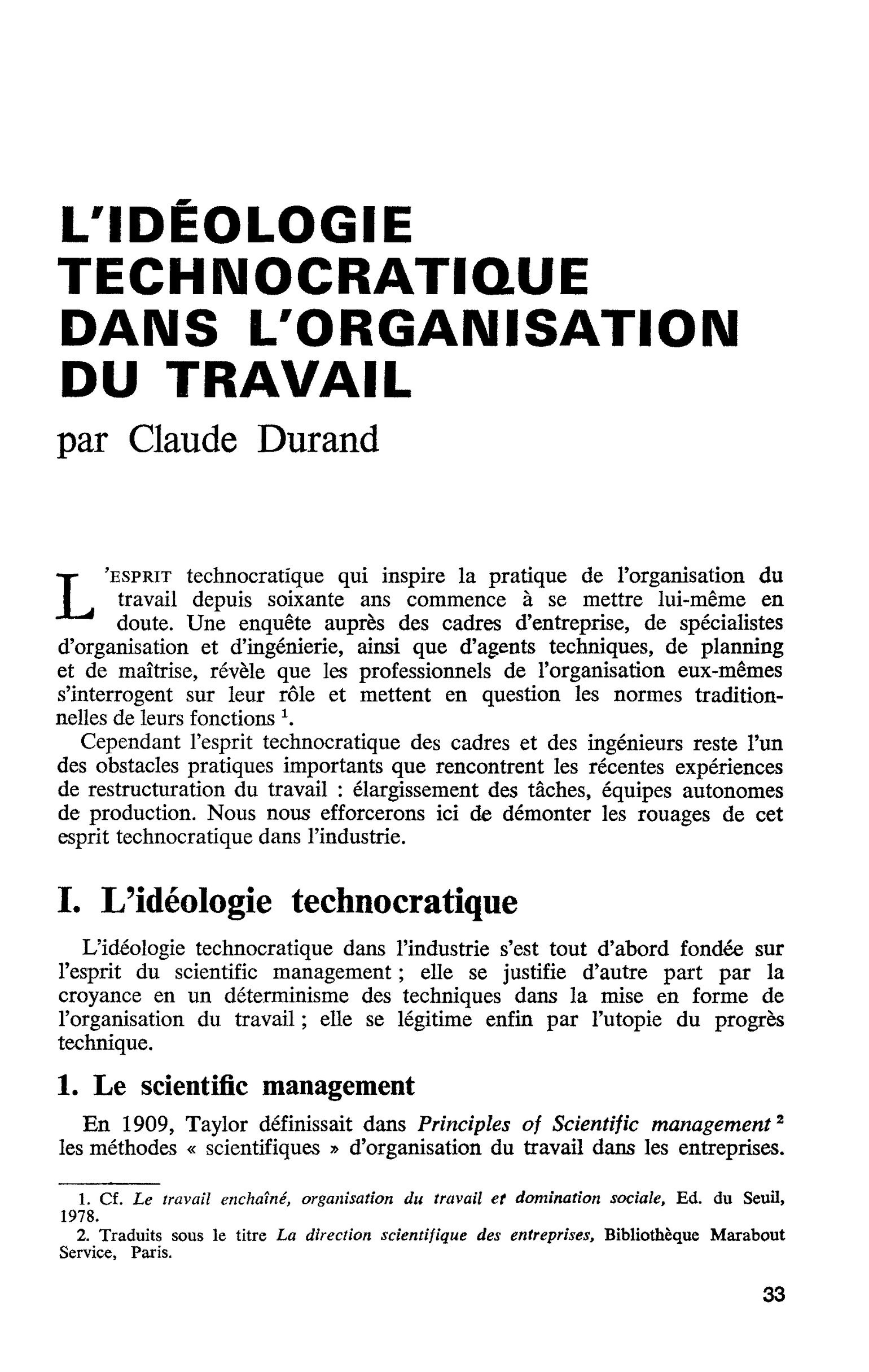 L’IDÉOLOGIE TECHNOCRATIQUE DANS L’ORGANISATION DU TRAVAIL