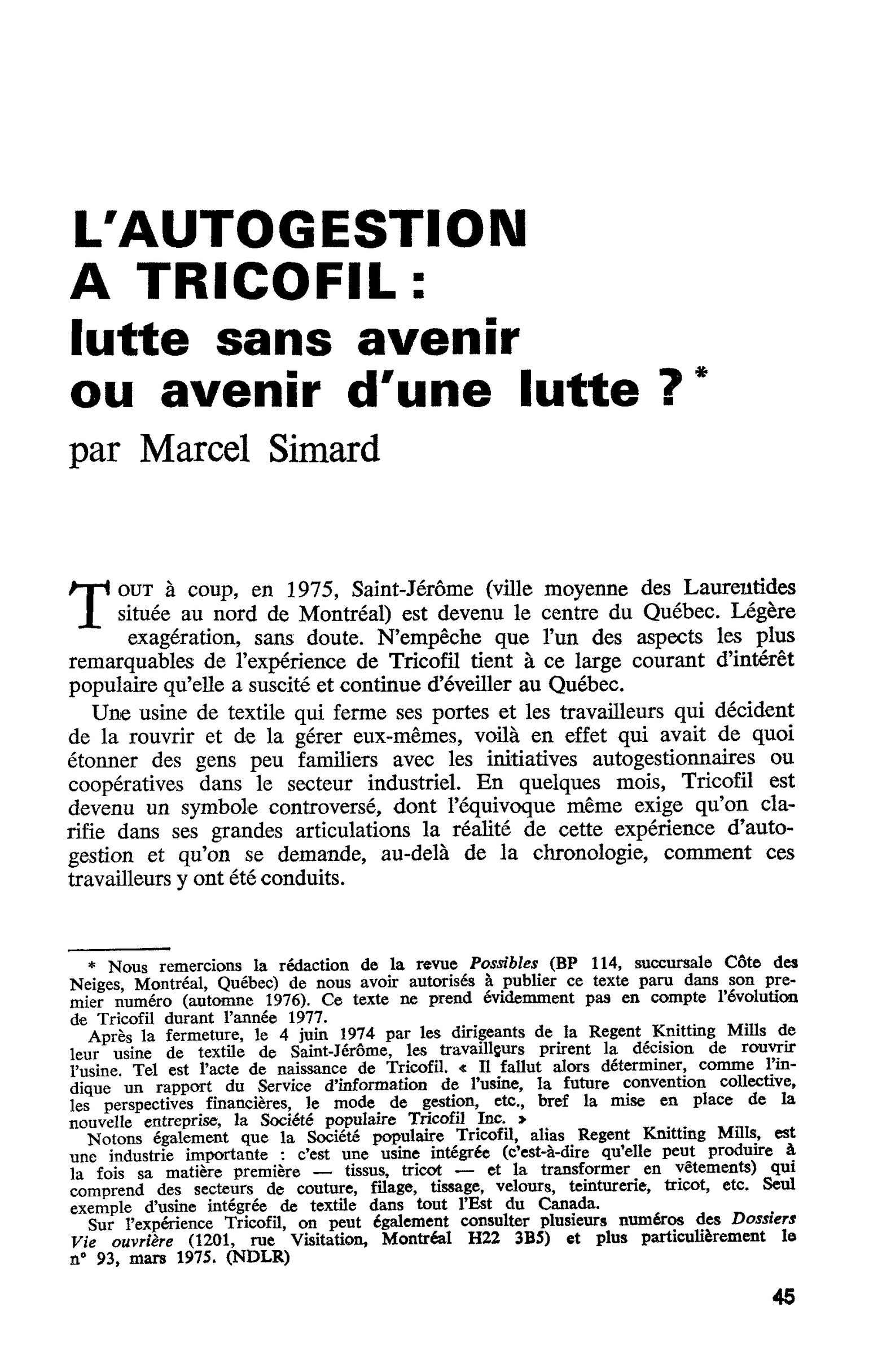 L’AUTOGESTION A TRICOFIL: lutte sans avenir ou avenir d’une lutte ?