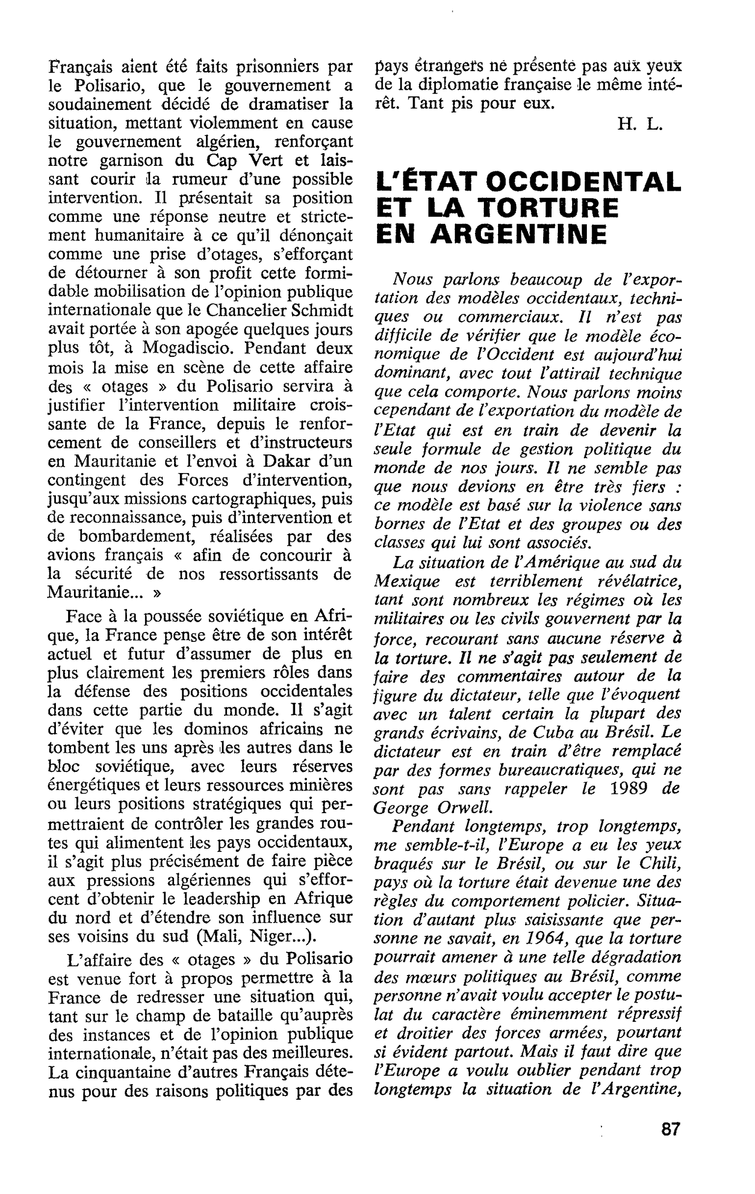 L’ÉTAT OCCIDENTAL ET LA TORTURE EN ARGENTINE
