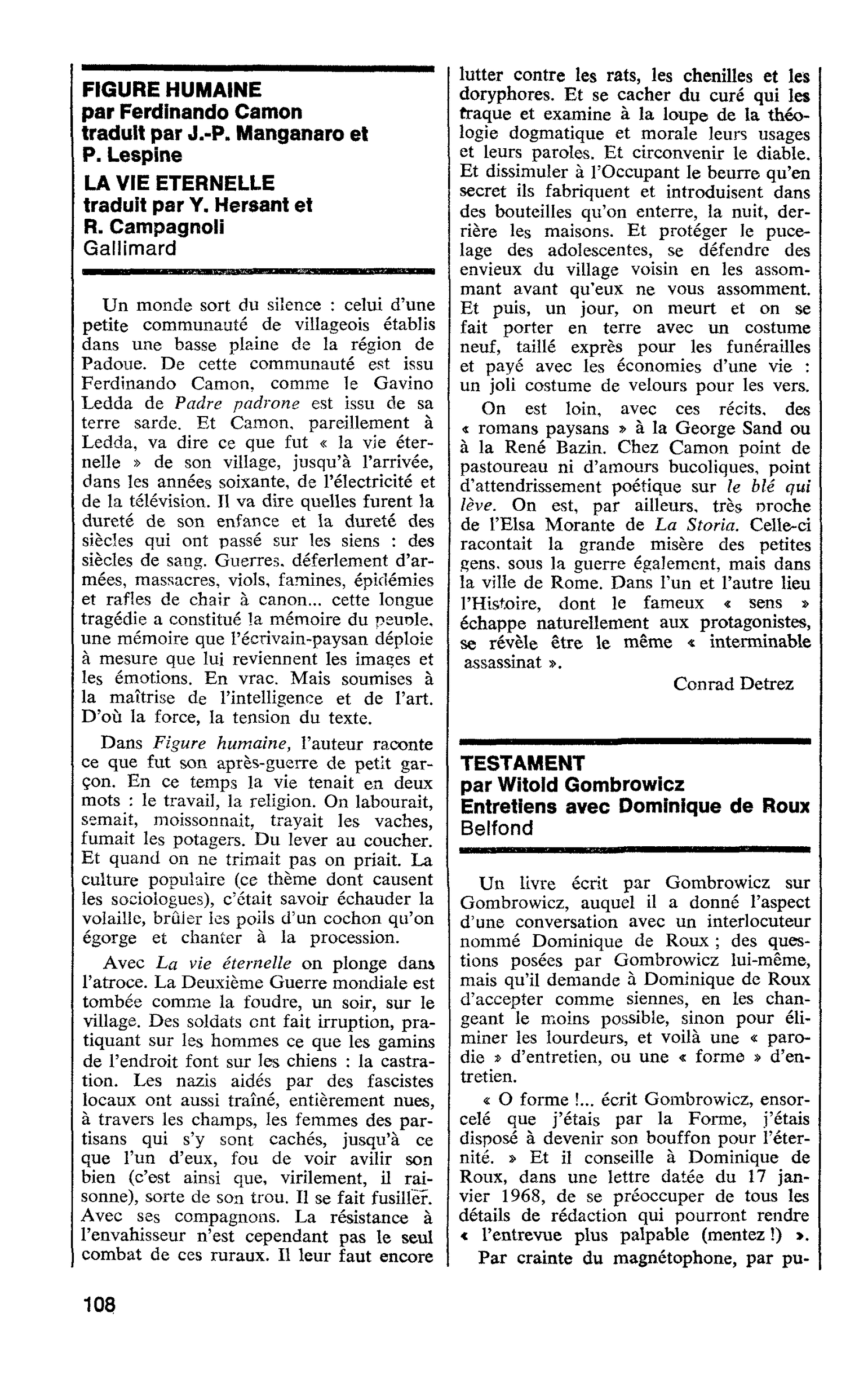 FIGURE HUMAINE par Ferdinando Camon. LA VIE ETERNELLE