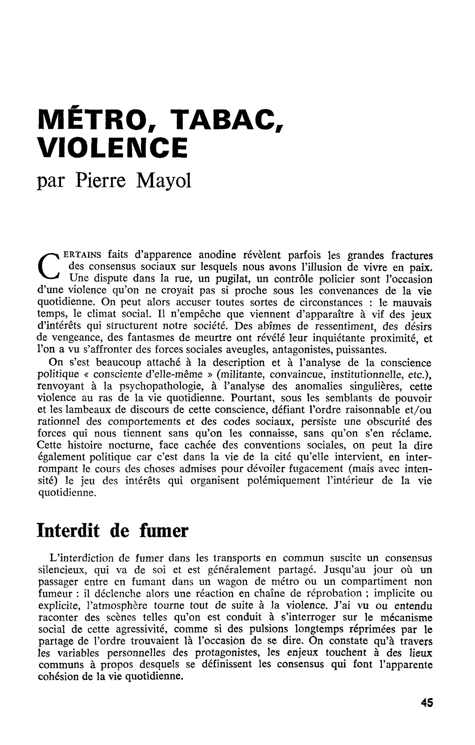 MÉTRO, TABAC, VIOLENCE