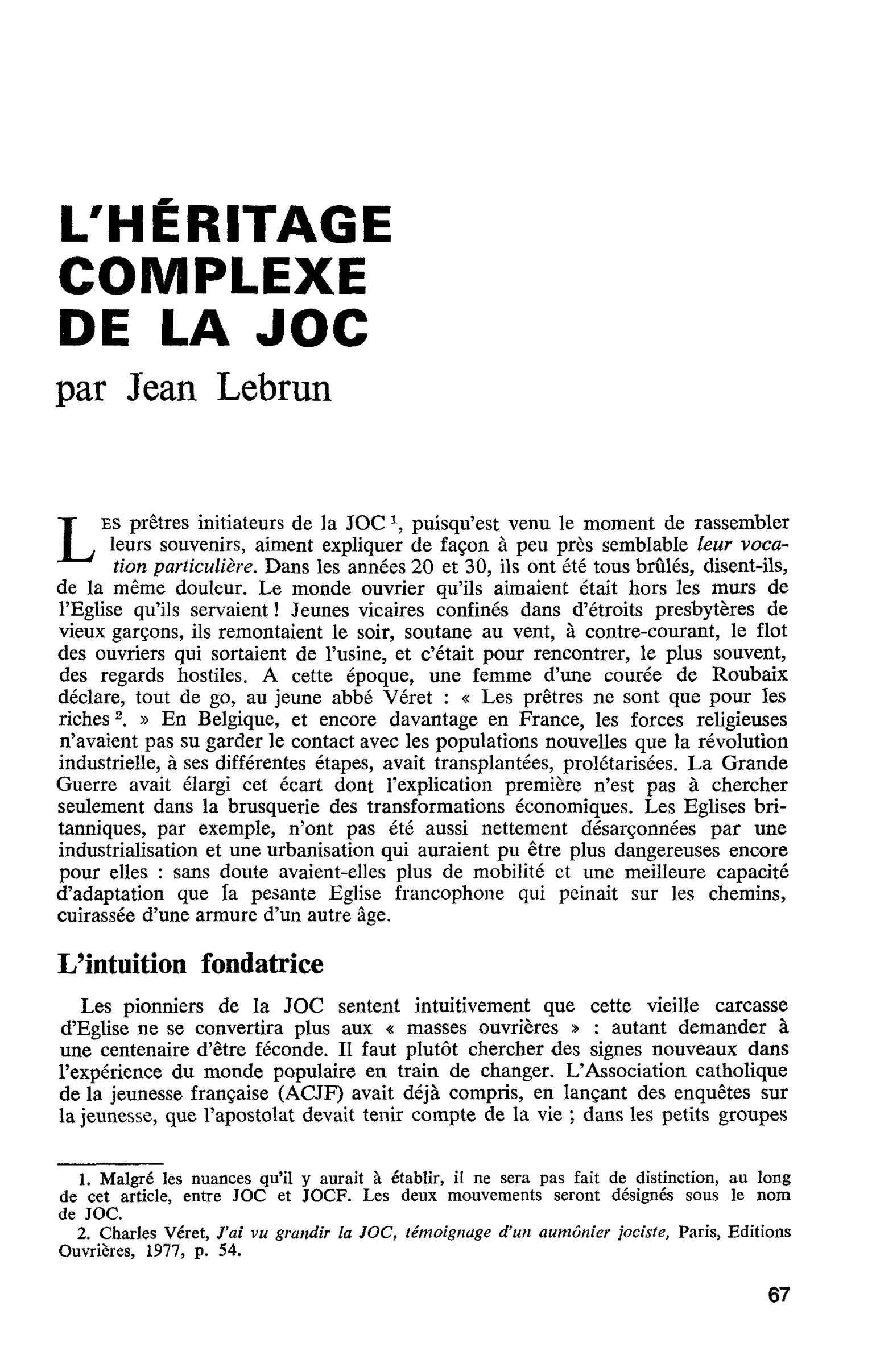 L’HÉRITAGE COMPLEXE DE LA JOC