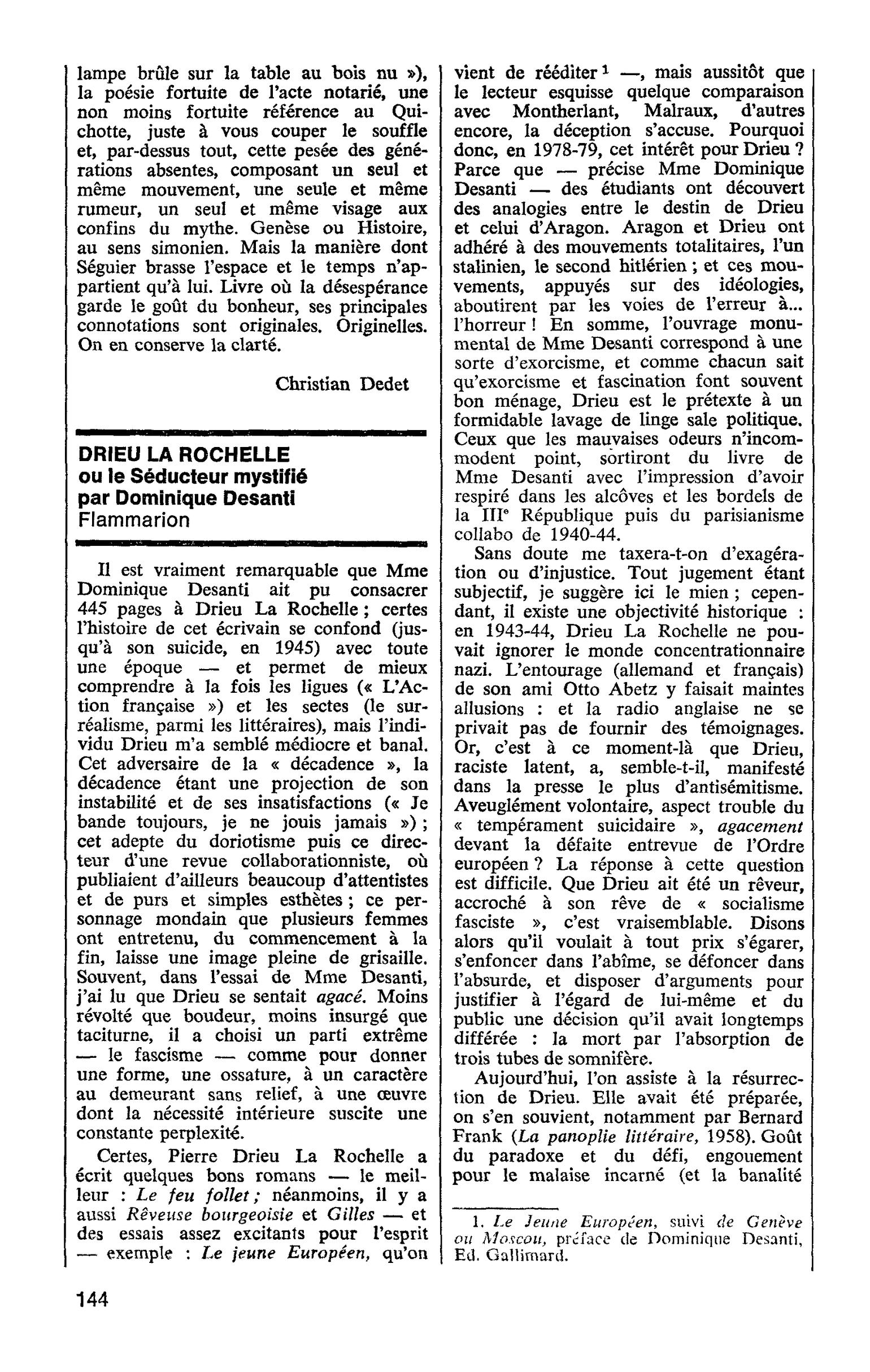 DRIEU LA ROCHELLE ou le Séducteur mystifié par Dominique Desanti