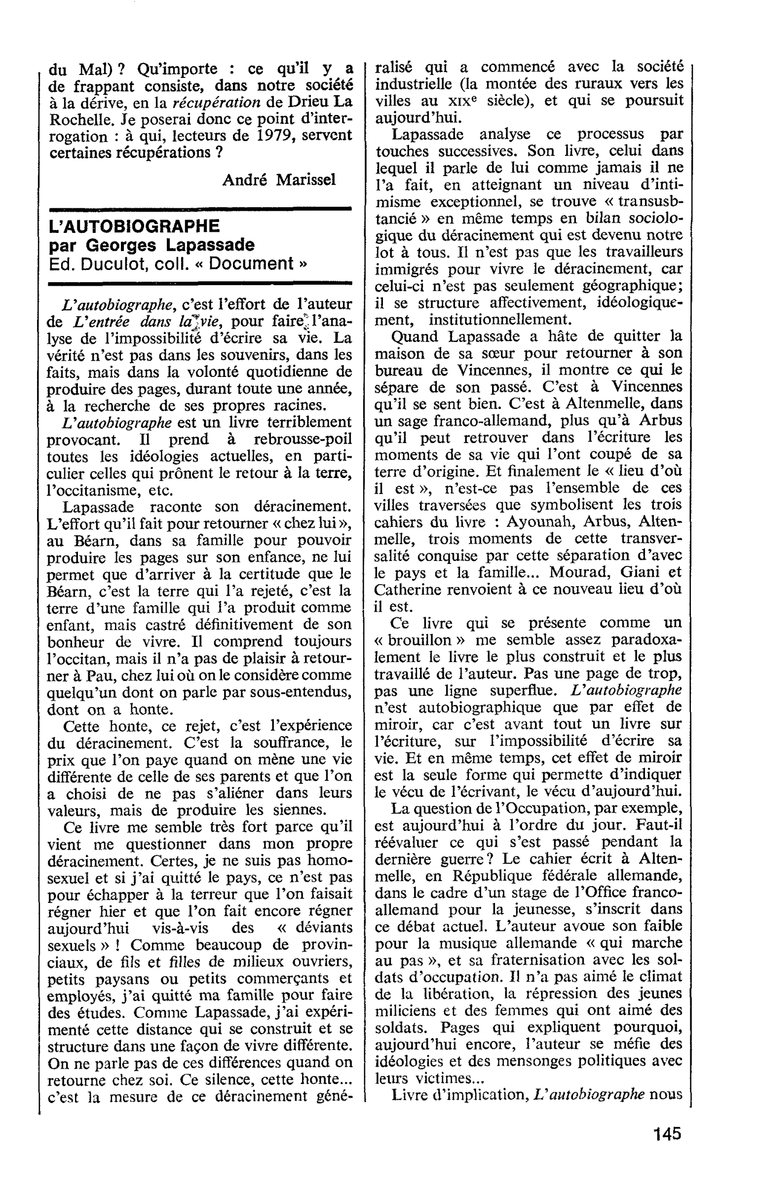 L’AUTOBIOGRAPHE par Georges Lapassade