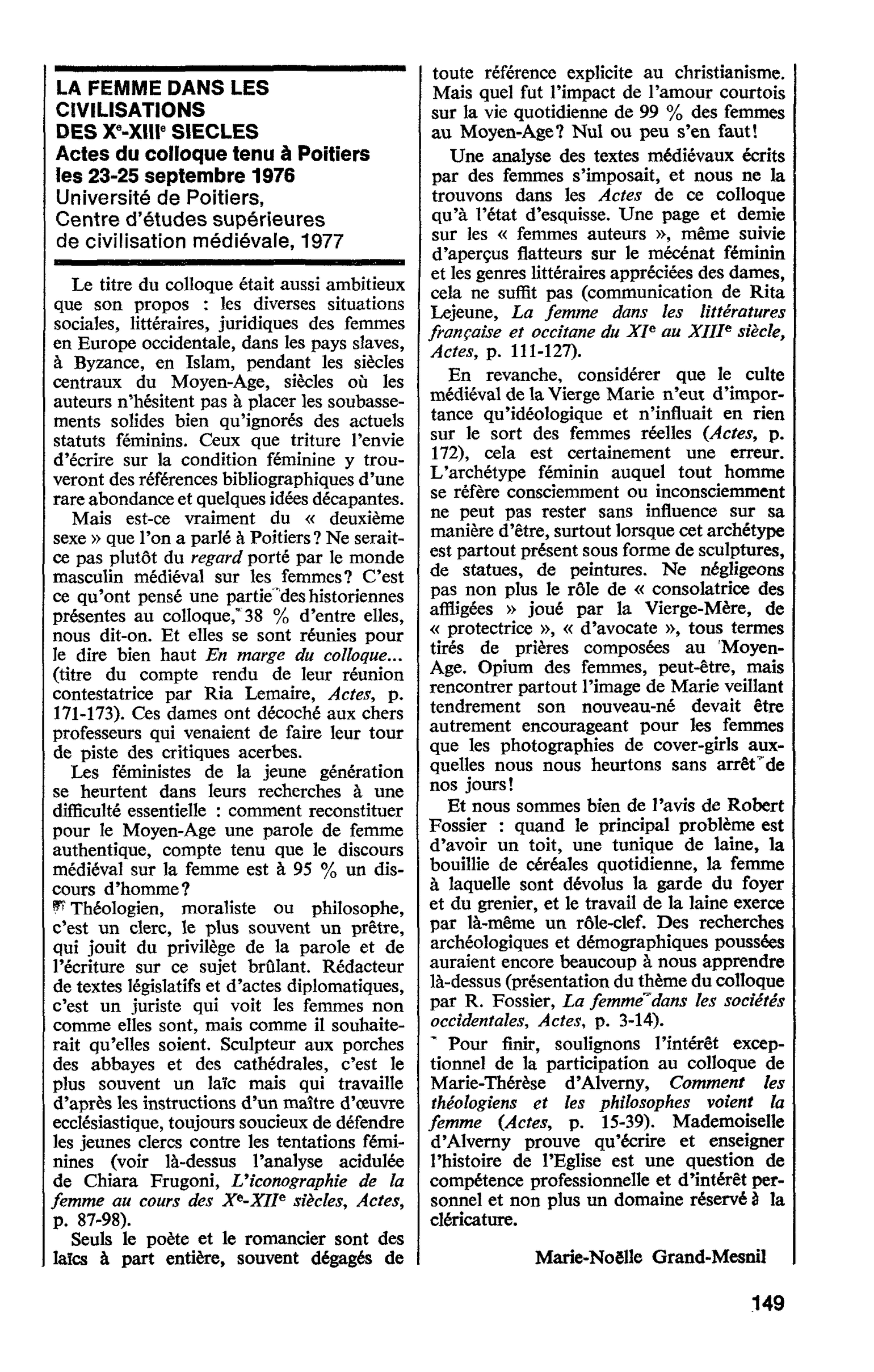 LA FEMME DANS LES CIVILISATIONS DES X -XIII SIECLES. Actes du colloque tenu à Poitiers les 23-25 septembre 1976