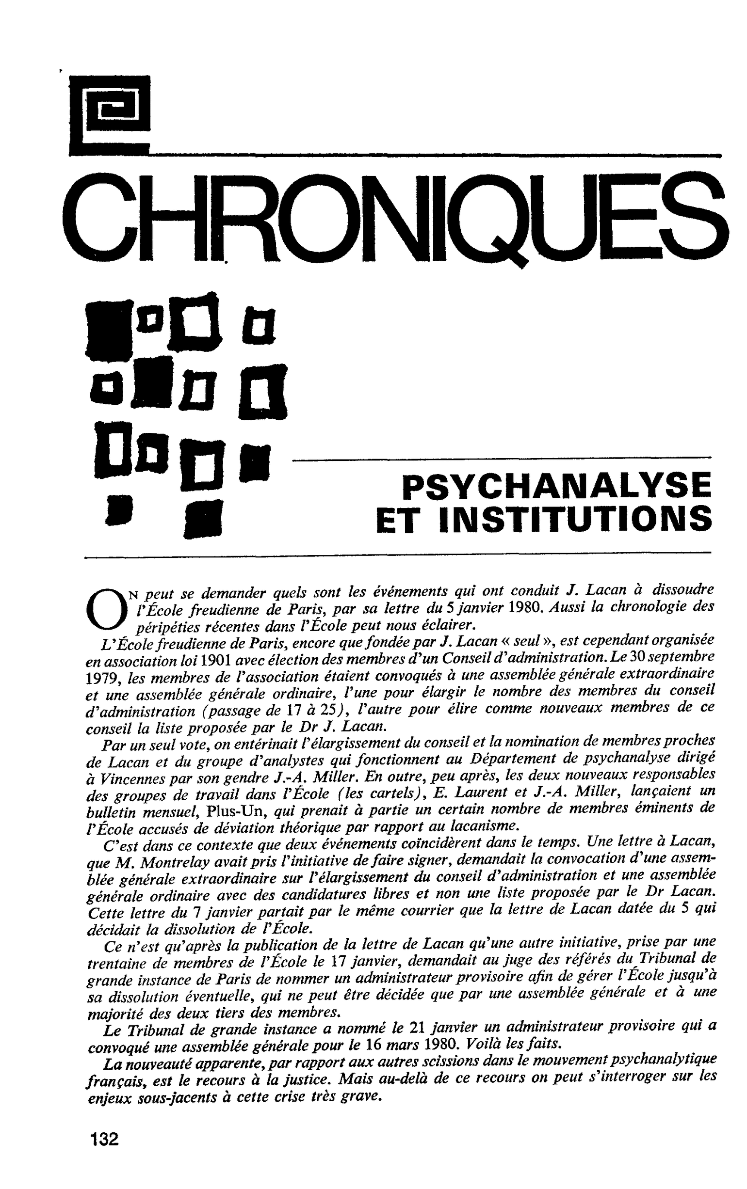 PSYCHANALYSE ET INSTITUTIONS