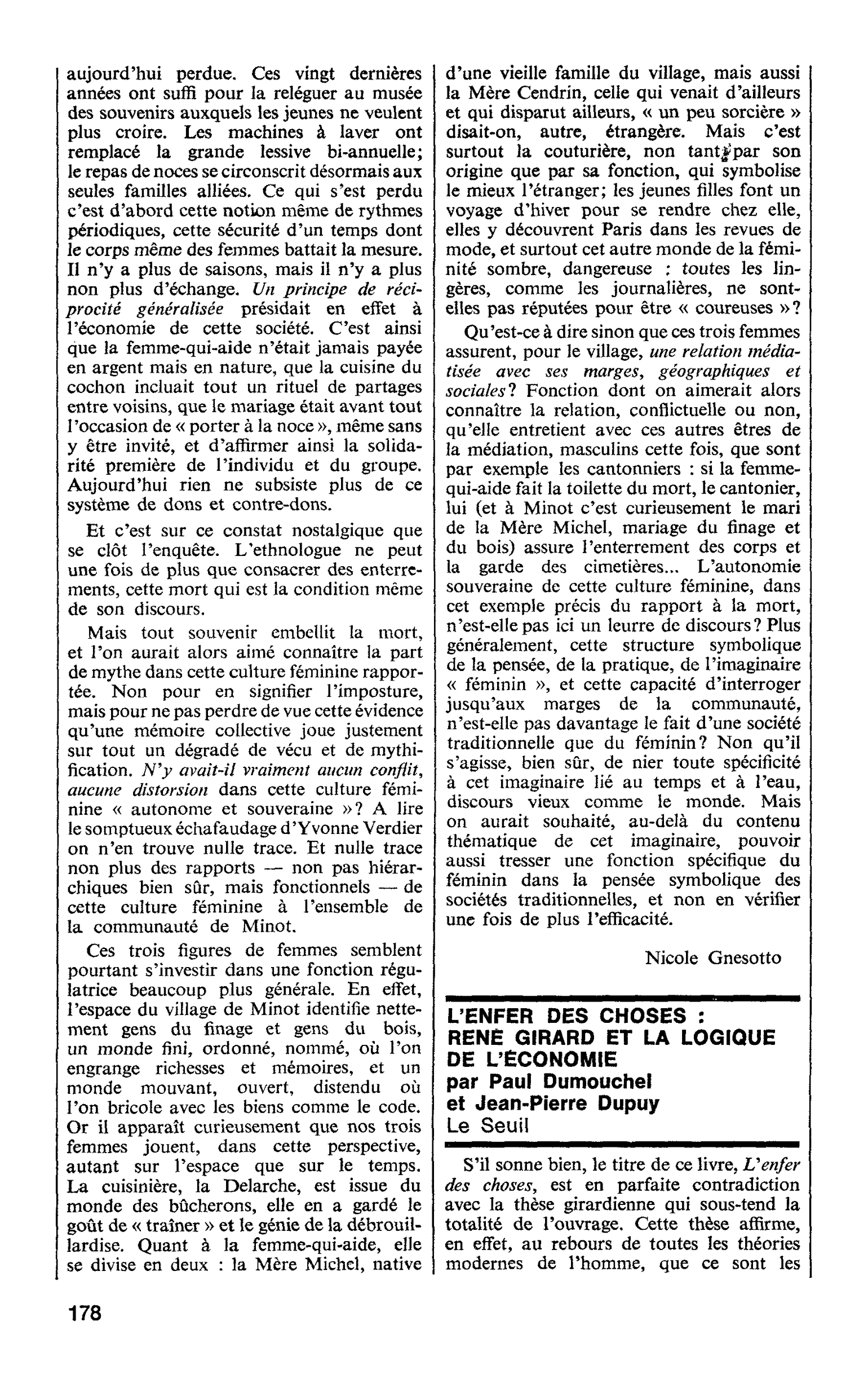 L’ENFER DES CHOSES : RENE GIRARD ET LA LOGIQUE DE L’ÉCONOMIE par Paul Dumouchel et Jean-Pierre Dupuy