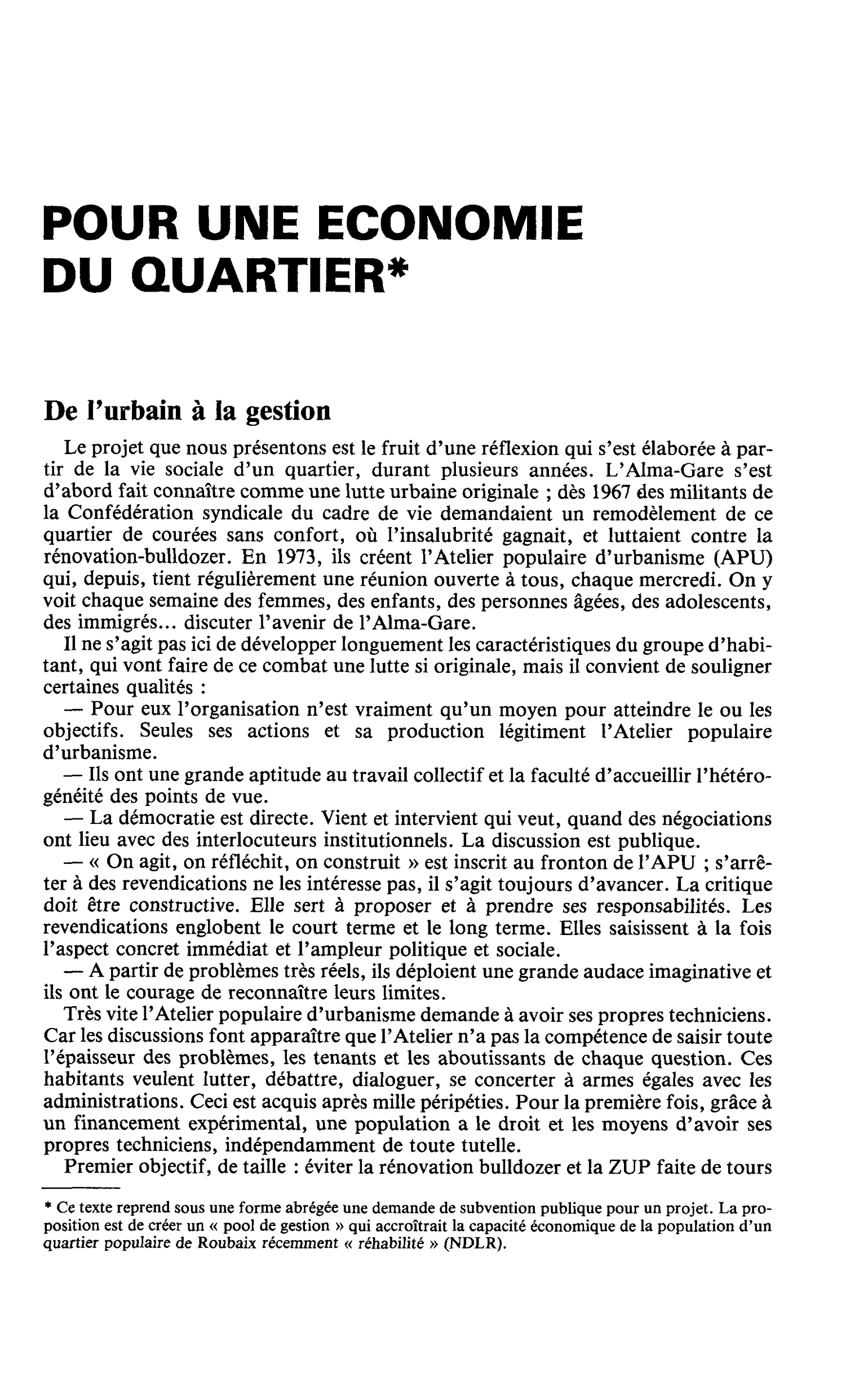 POUR UNE ECONOMIE DU QUARTIER