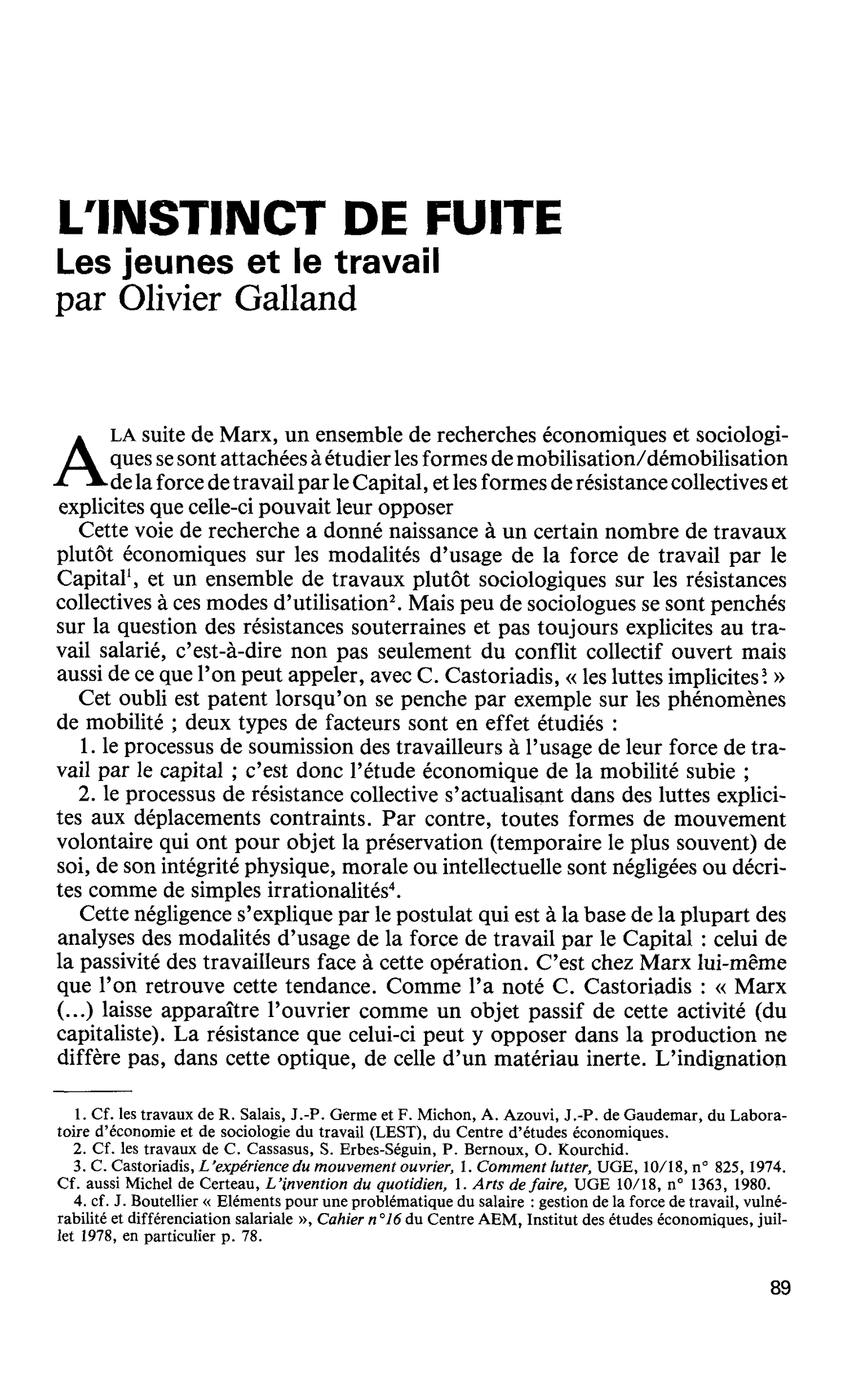 L’INSTINCT DE FUITE. Les jeunes et le travail