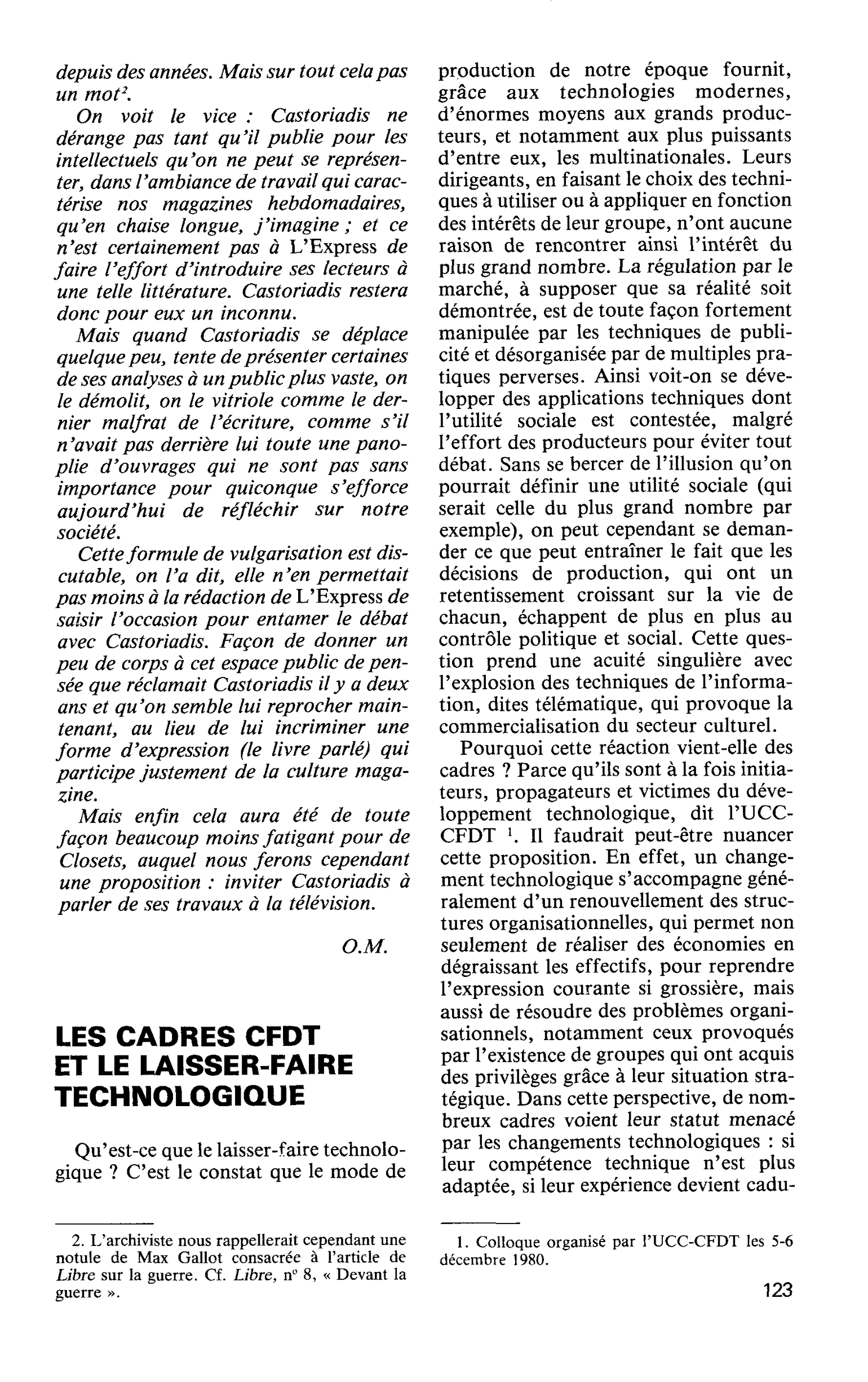 LES CADRES CFDT ET LE LAISSER-FAIRE TECHNOLOGIQUE
