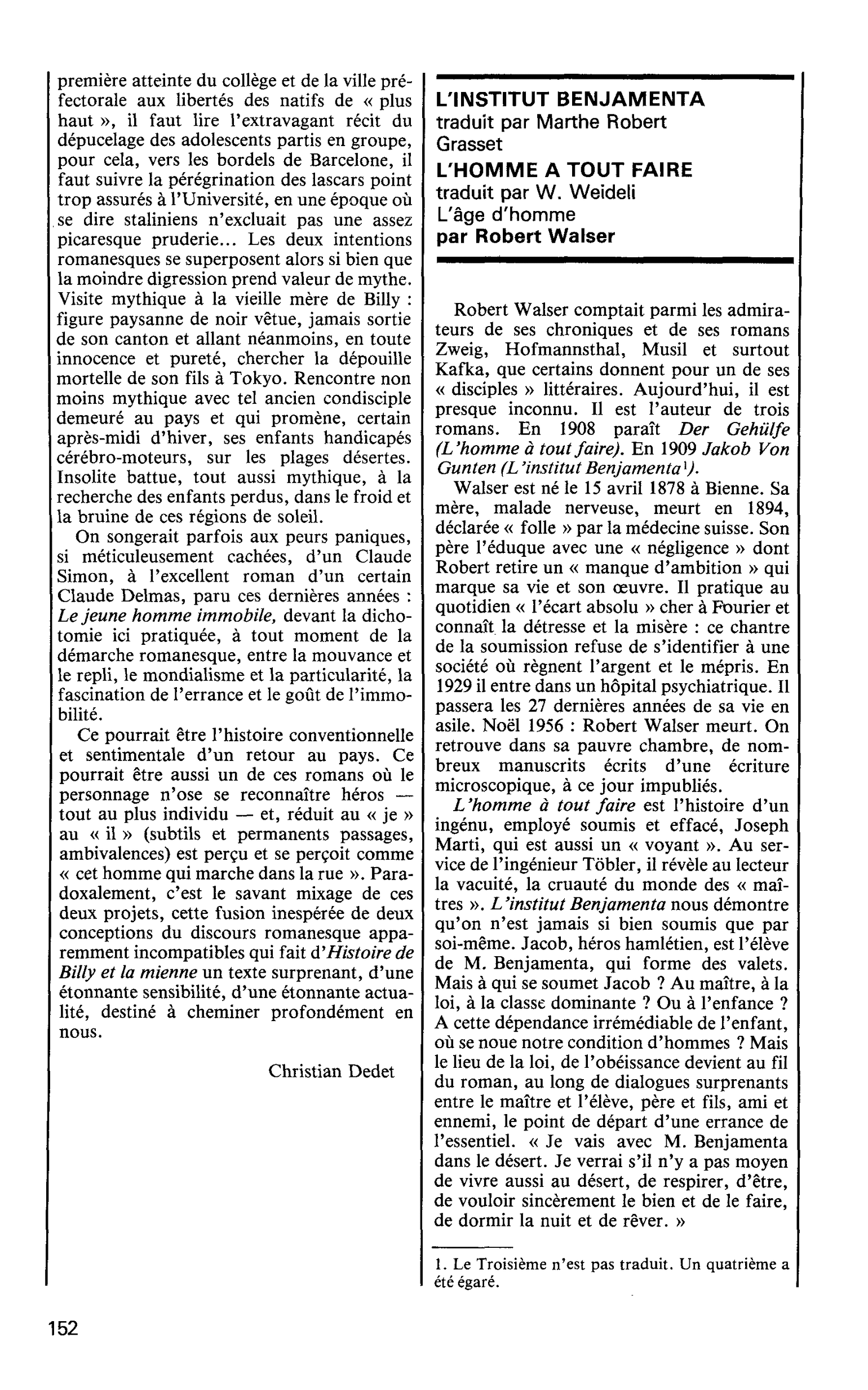 L’INSTITUT BENJAMENTA L’HOMME A TOUT FAIRE. L’âge d’homme par Robert Walser