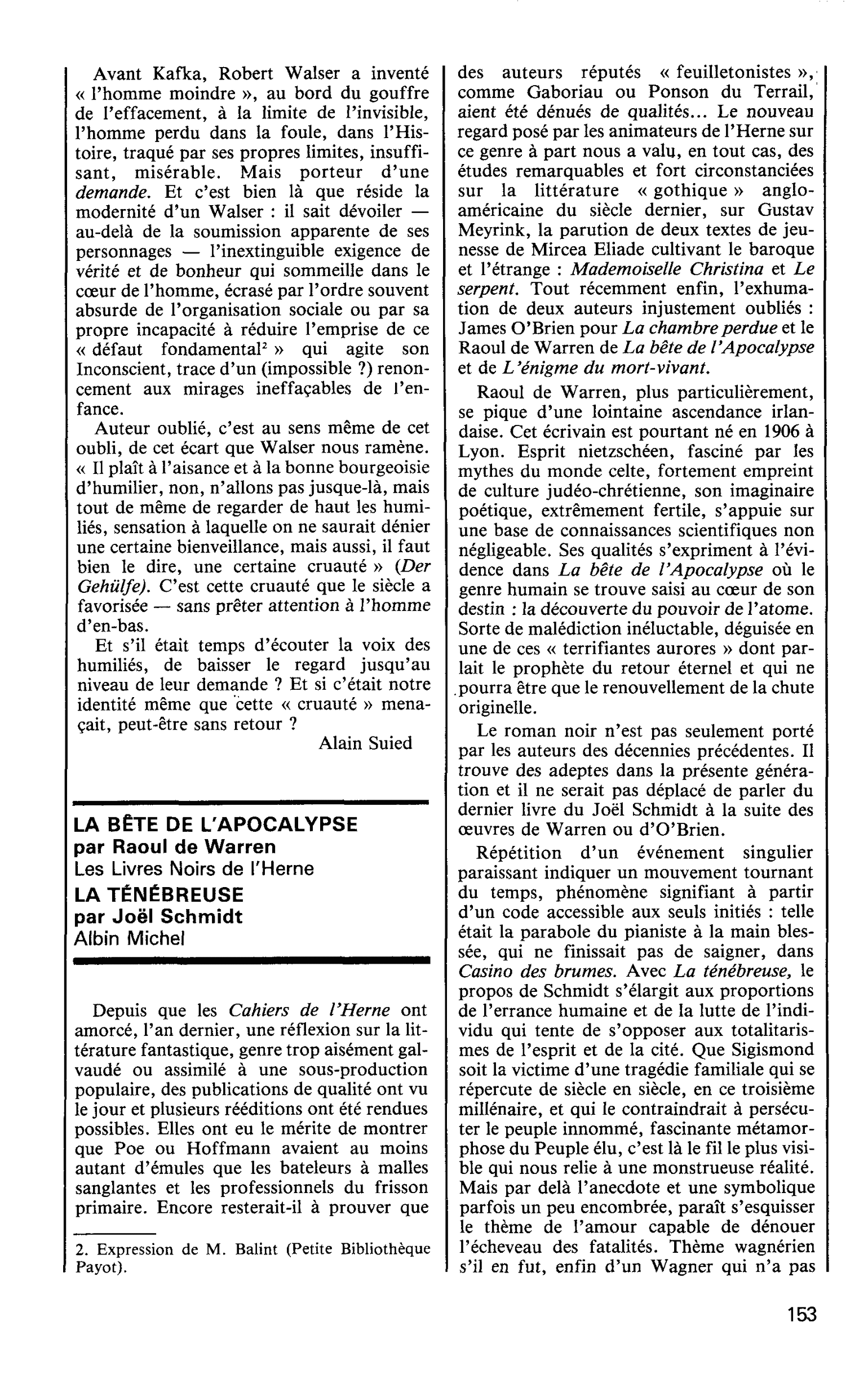 LA BÊTE DE L’APOCALYPSE par Raoul de Warren. LA TÉNÉBREUSE par Joël Schmidt