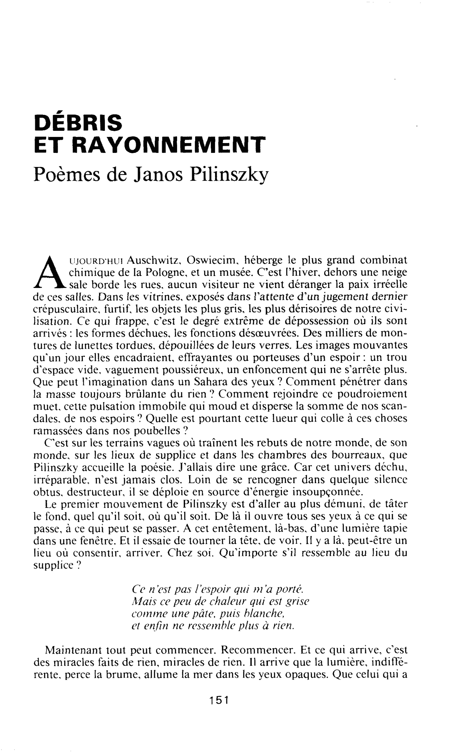 DÉBRIS ET RAYONNEMENT. Poèmes de Janos Pilinszky