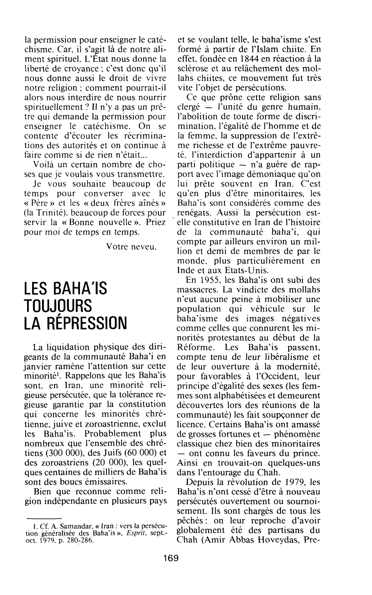 LES BAHA’IS TOUJOURS LA RÉPRESSION