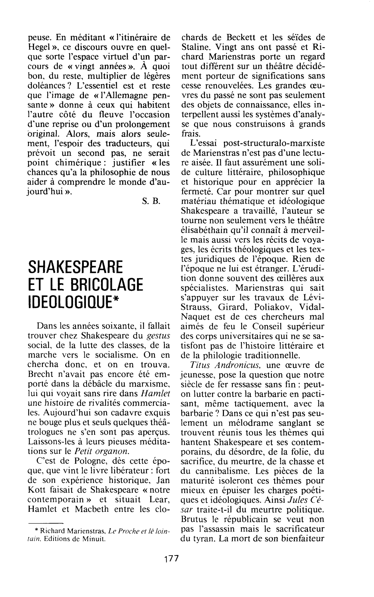 SHAKESPEARE ET LE BRICOLAGE IDEOLOGIQUE