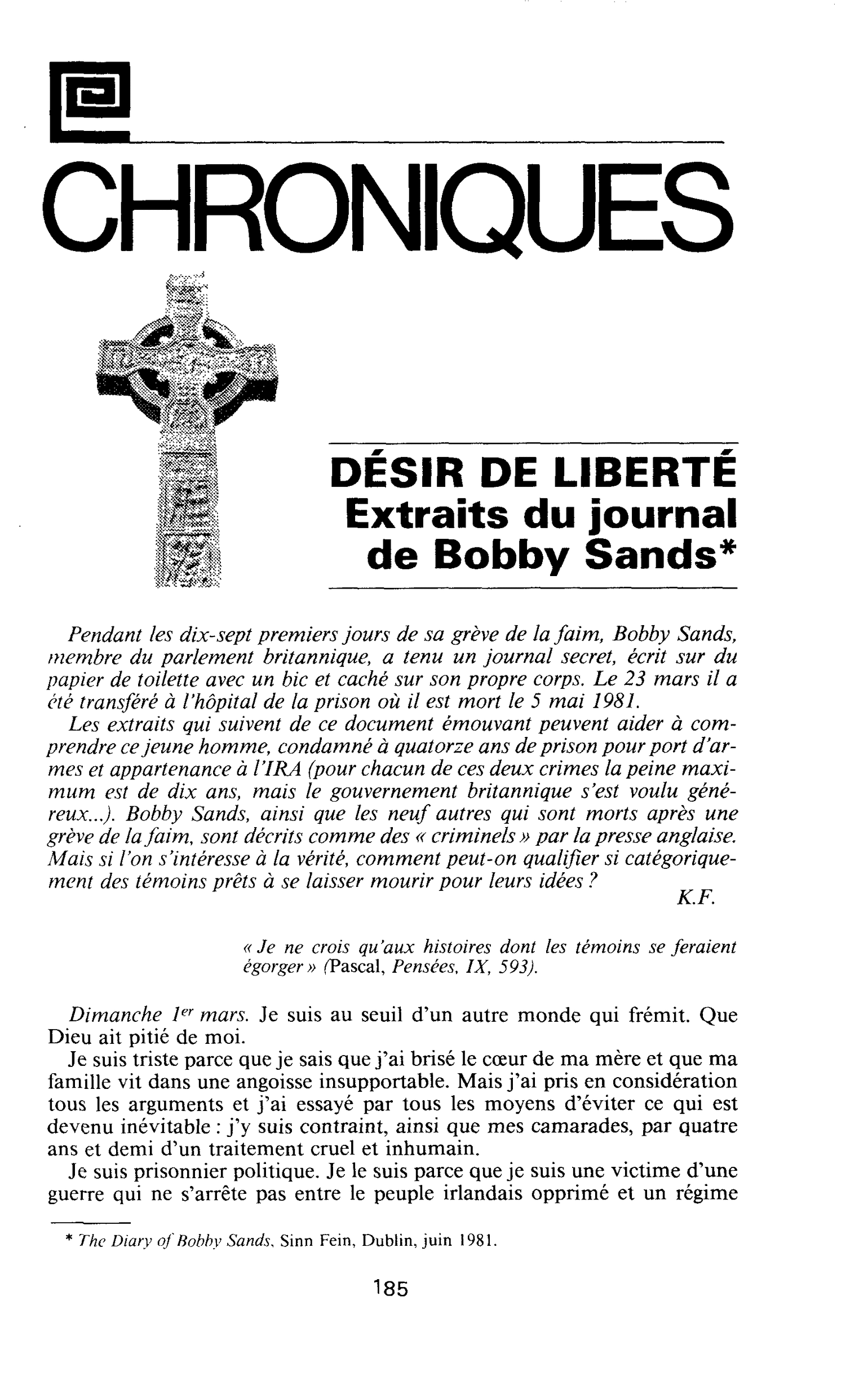 DÉSIR DE LIBERTÉ. Extraits du journal de Bobby Sands