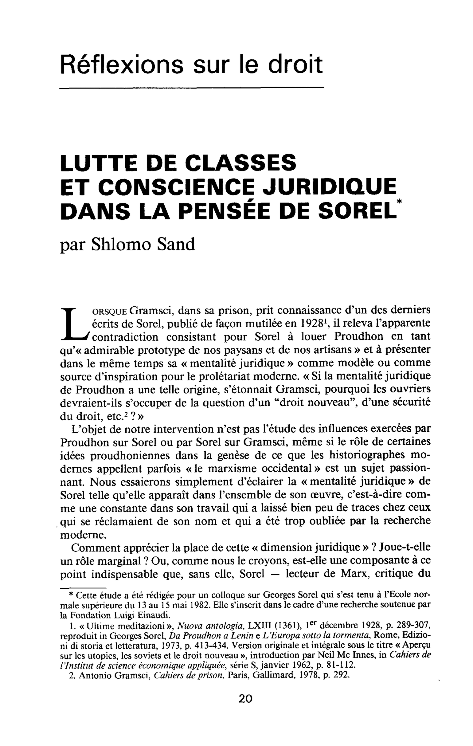 LUTTE DE CLASSES ET CONSCIENCE JURIDIQUE DANS LA PENSÉE DE SOREL