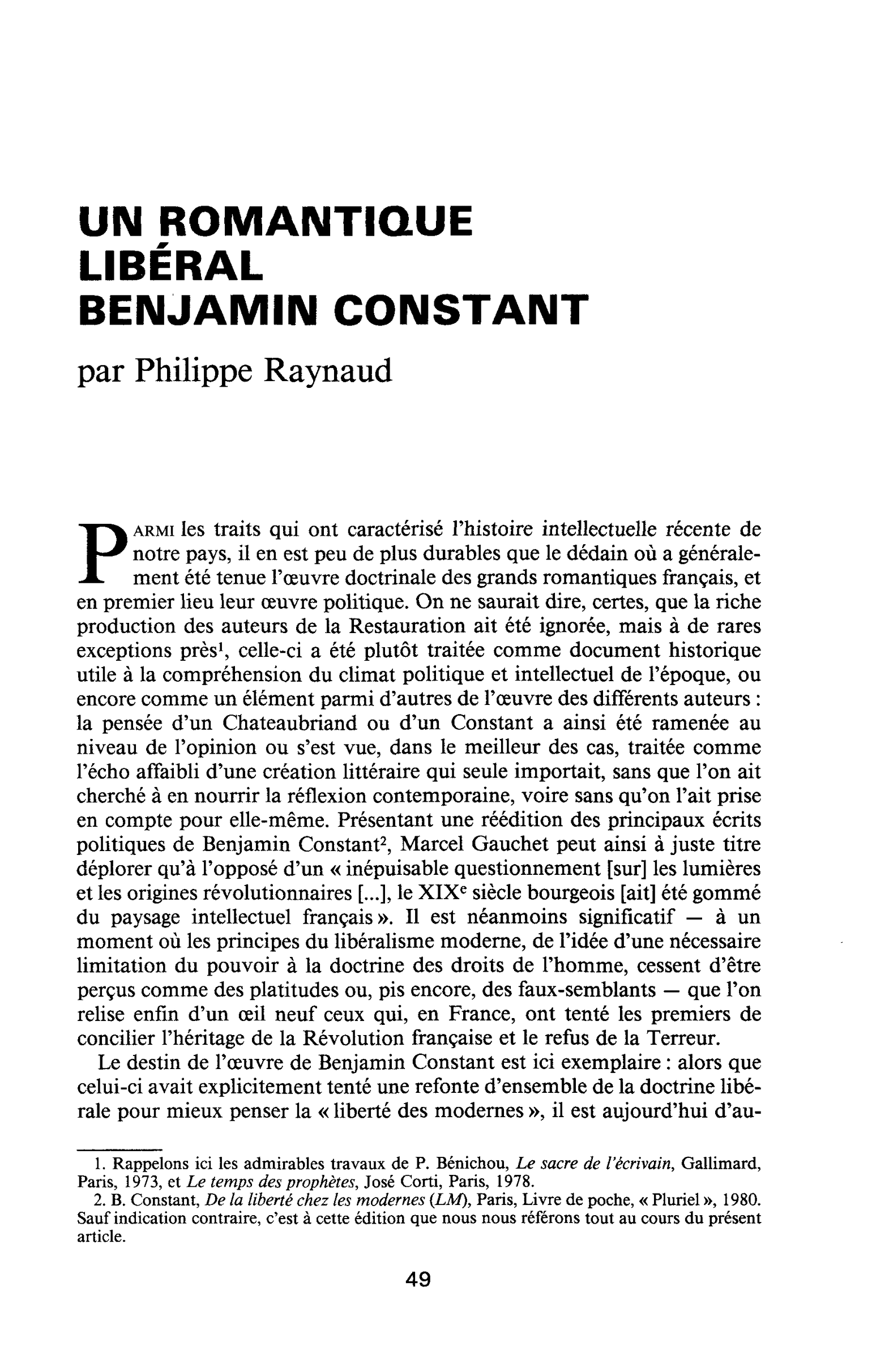 UN ROMANTIQUE LIBÉRAL BENJAMIN CONSTANT