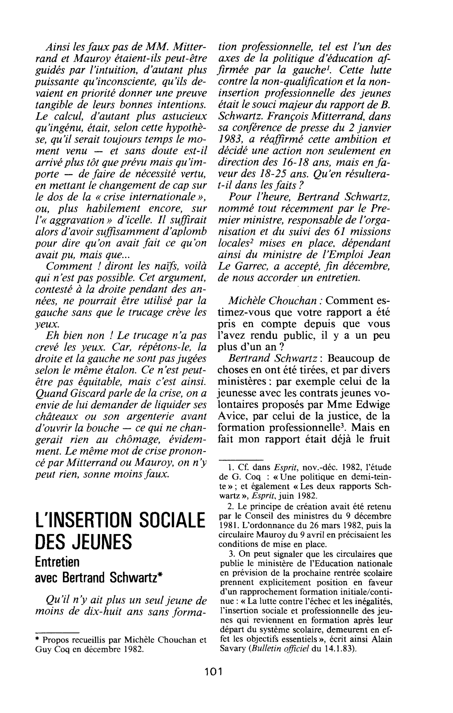 L’INSERTION SOCIALE DES JEUNES. Entretien avec Bertrand Schwartz