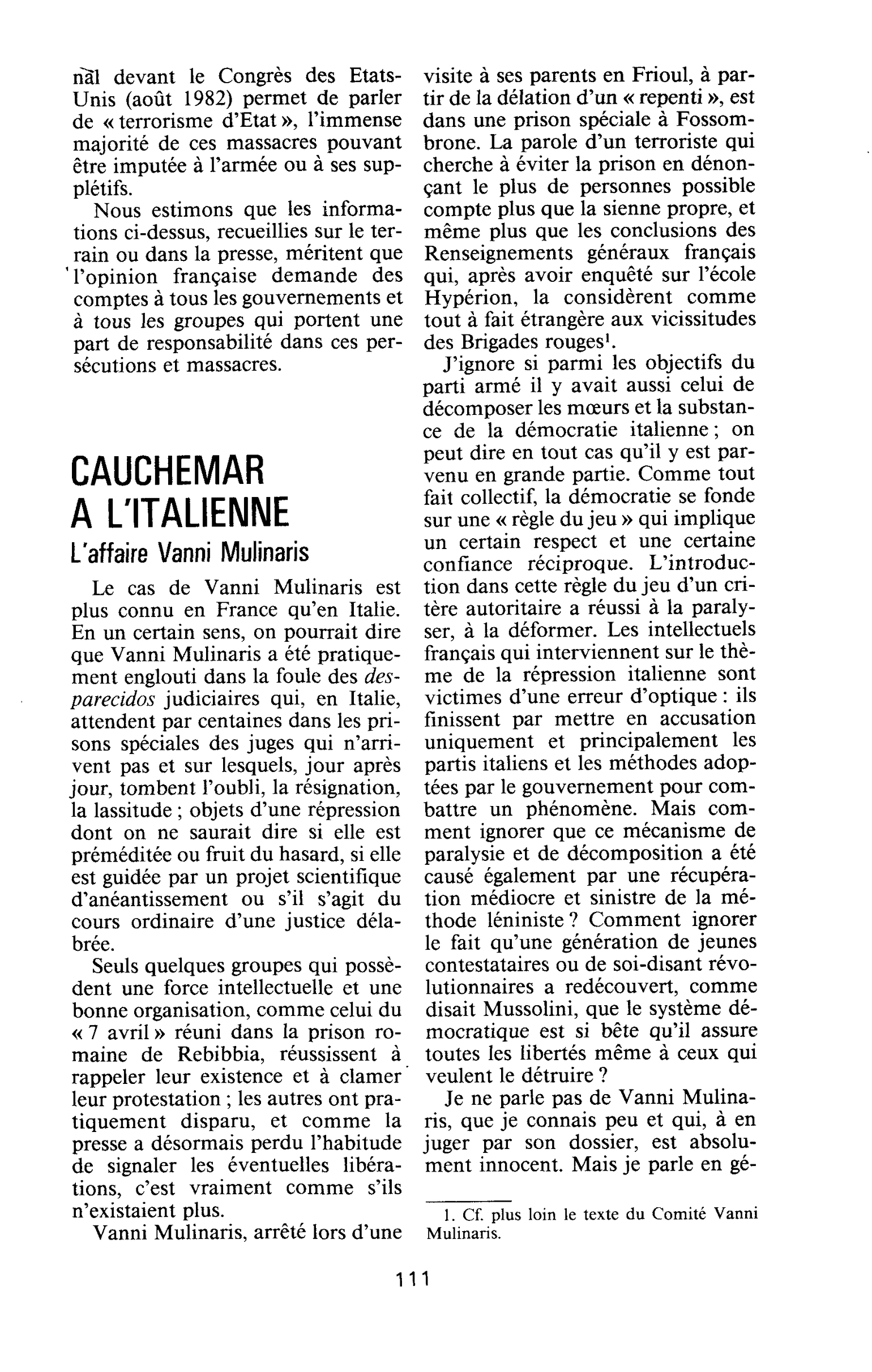 CAUCHEMAR A L’ITALIENNE. L’affaire Vanni Mulinaris