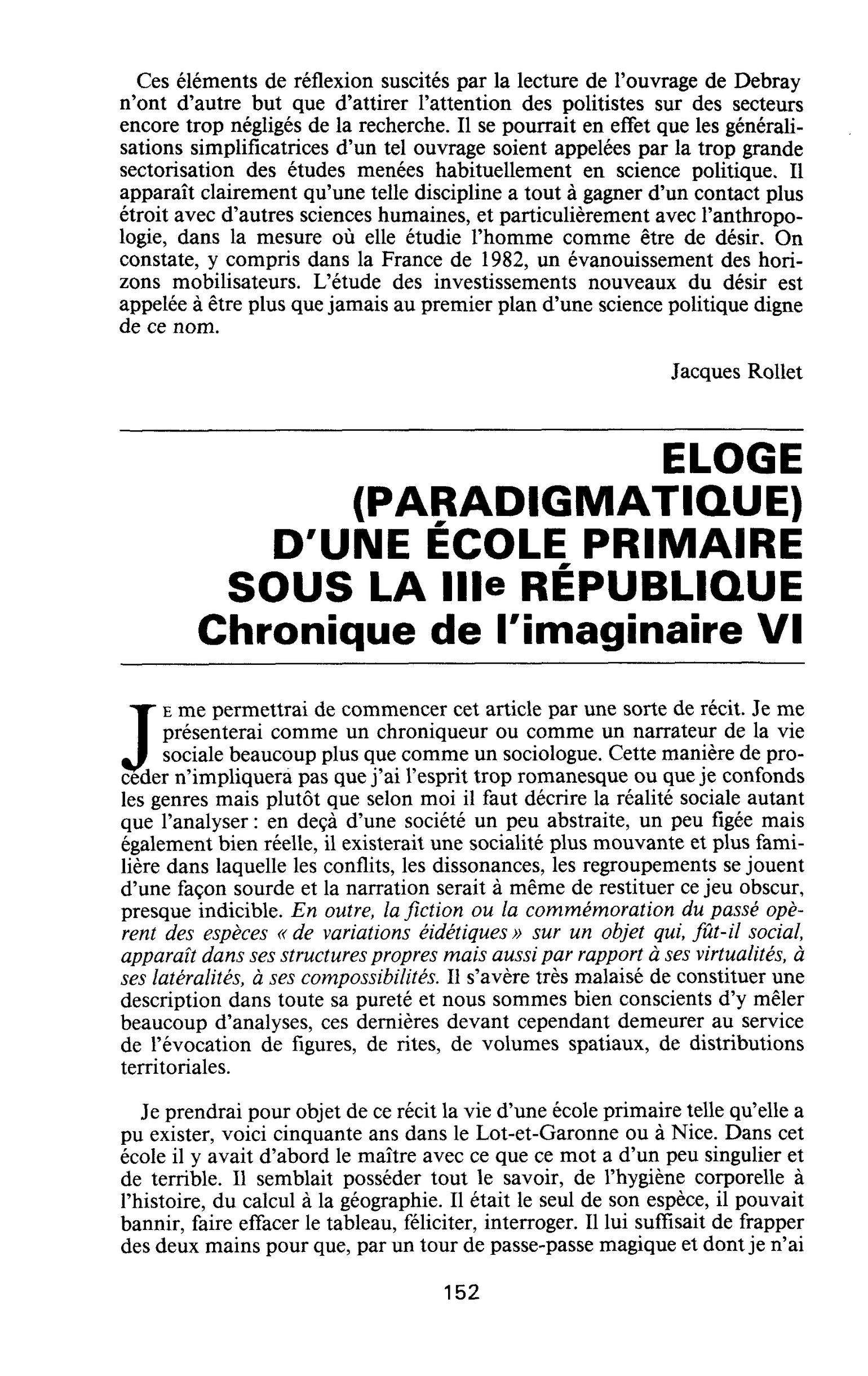 ELOGE (PARADIGMATIQUE) D’UNE ÉCOLE PRIMAIRE SOUS LA llle RÉPUBLIQUE. Chronique de l’imaginaire VI