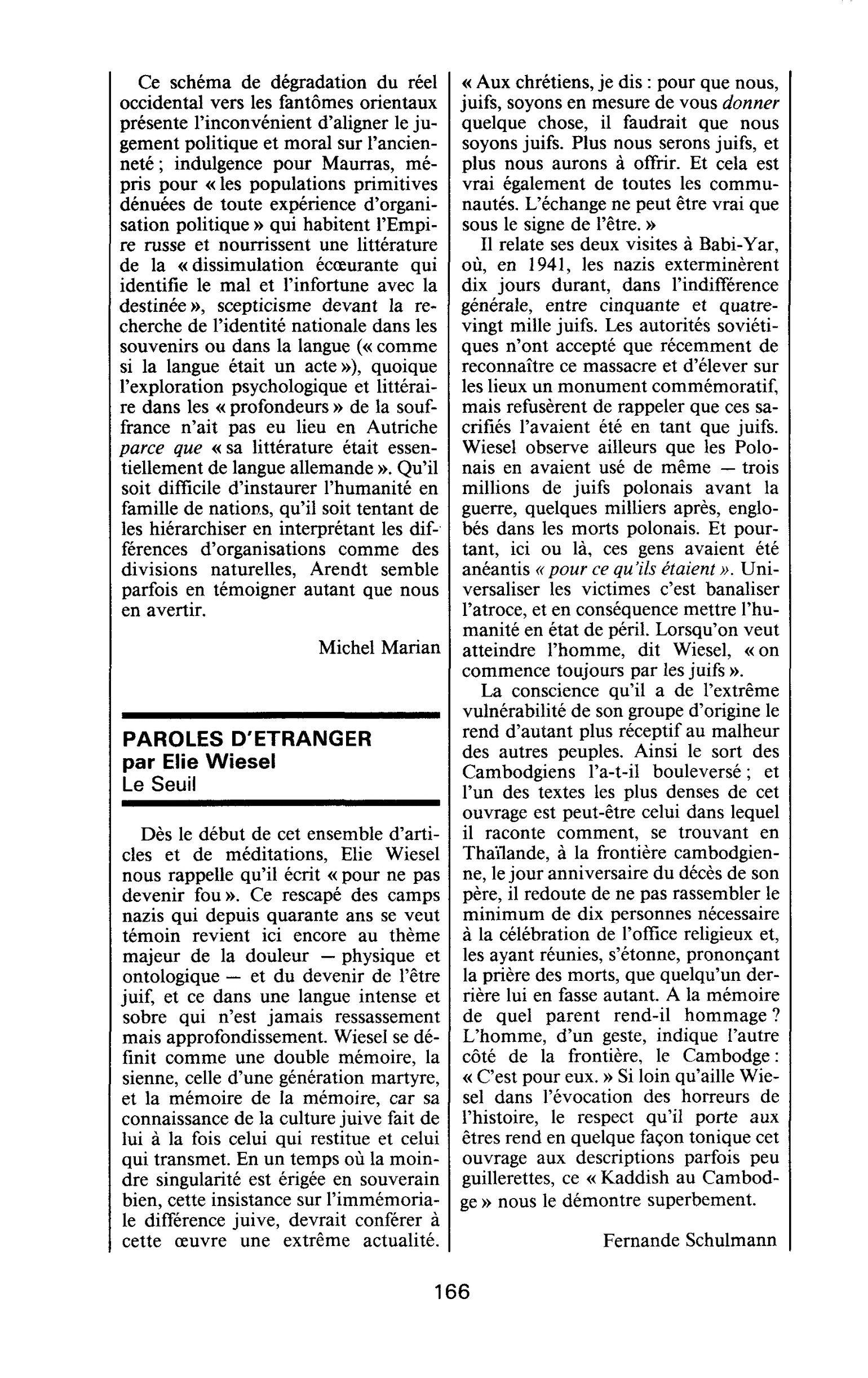 PAROLES D’ETRANGER par Elie Wiesel