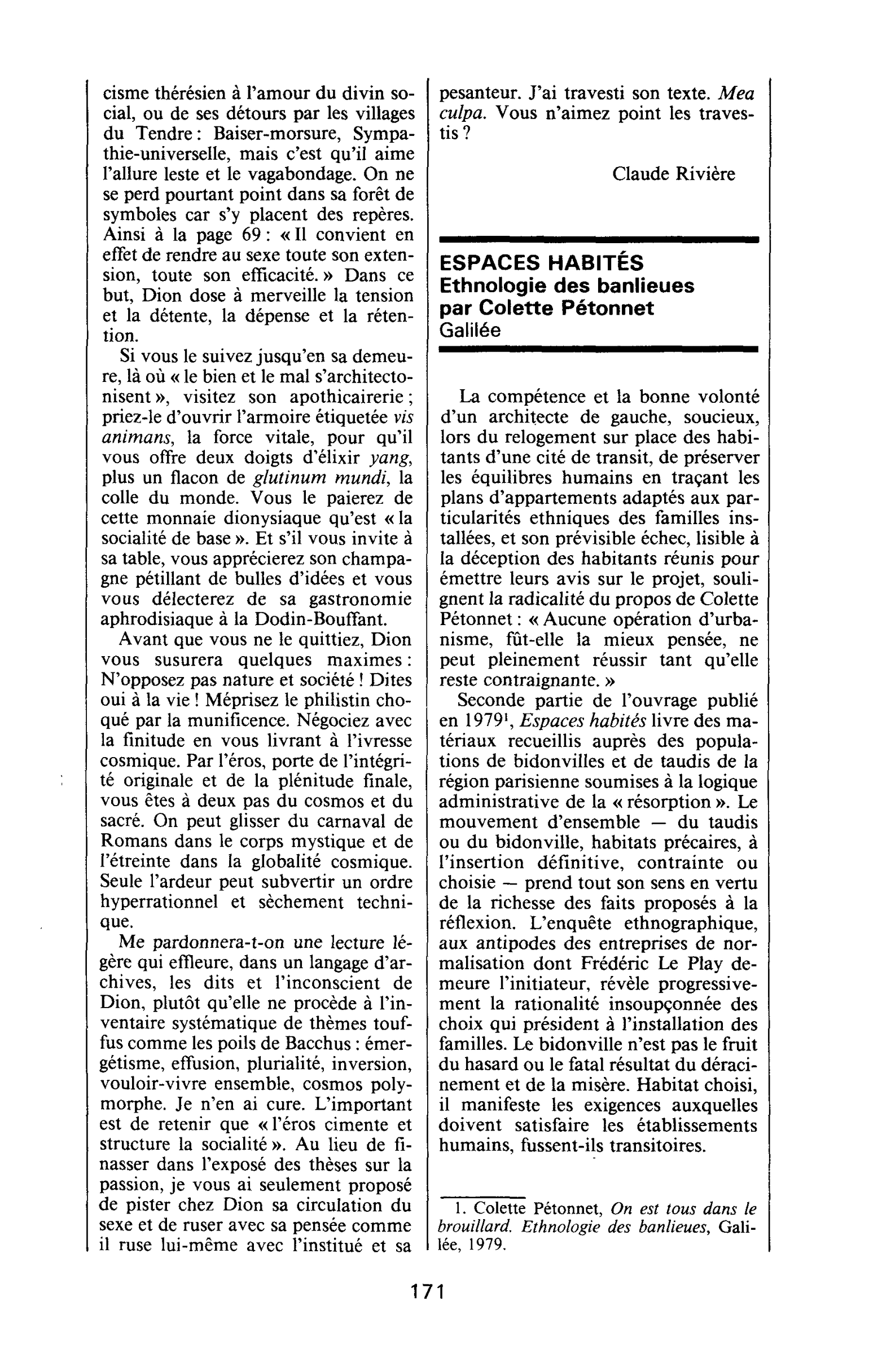 ESPACES HABITES. Ethnologie des banlieues par Colette Pétonnet