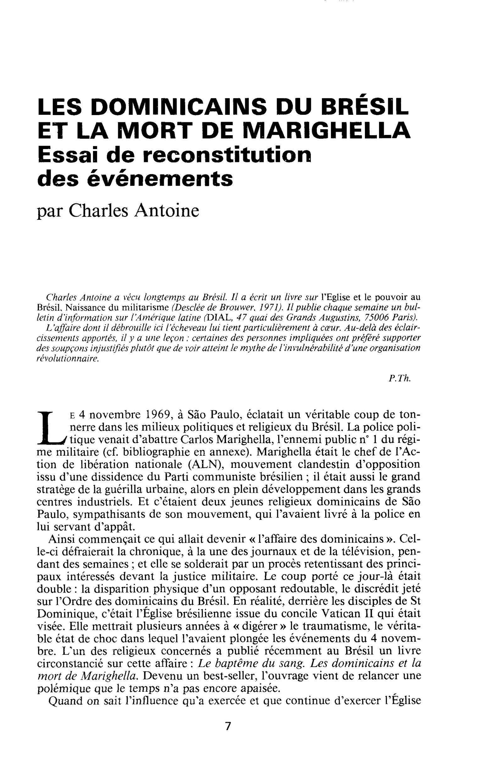 LES DOMINICAINS DU BRÉSIL ET LA MORT DE MARIGHELLA. Essai de reconstitution des événements