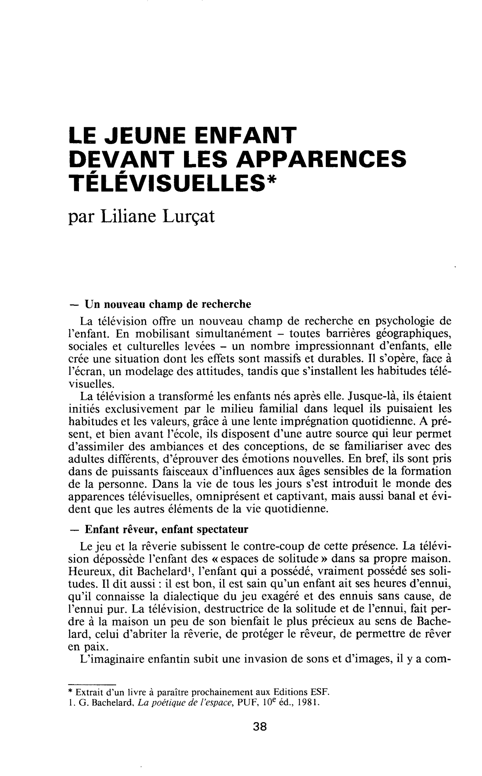 LE JEUNE ENFANT DEVANT LES APPARENCES TÉLÉVISUELLES