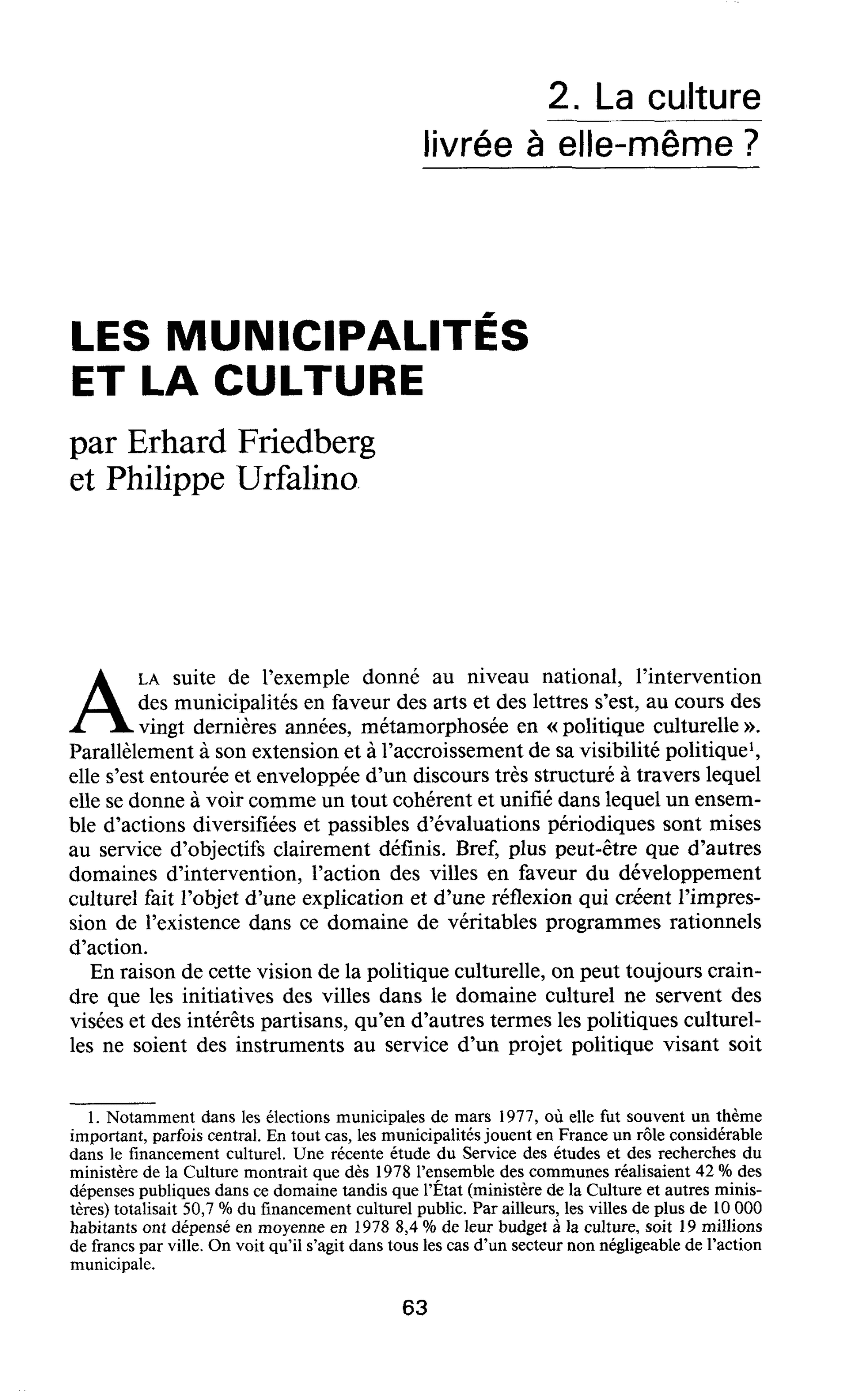 LES MUNICIPALITES ET LA CULTURE