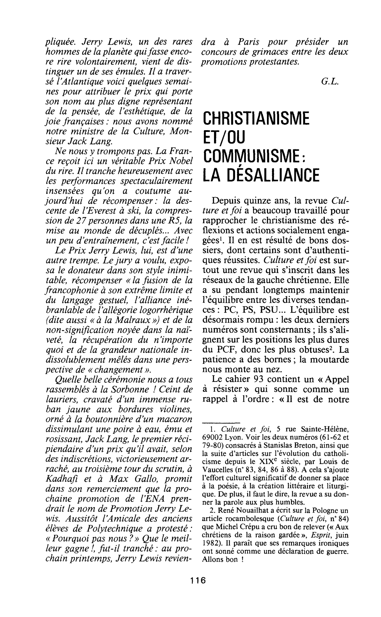 CHRISTIANISME ET/OU COMMUNISME : LA DÉSALLIANCE