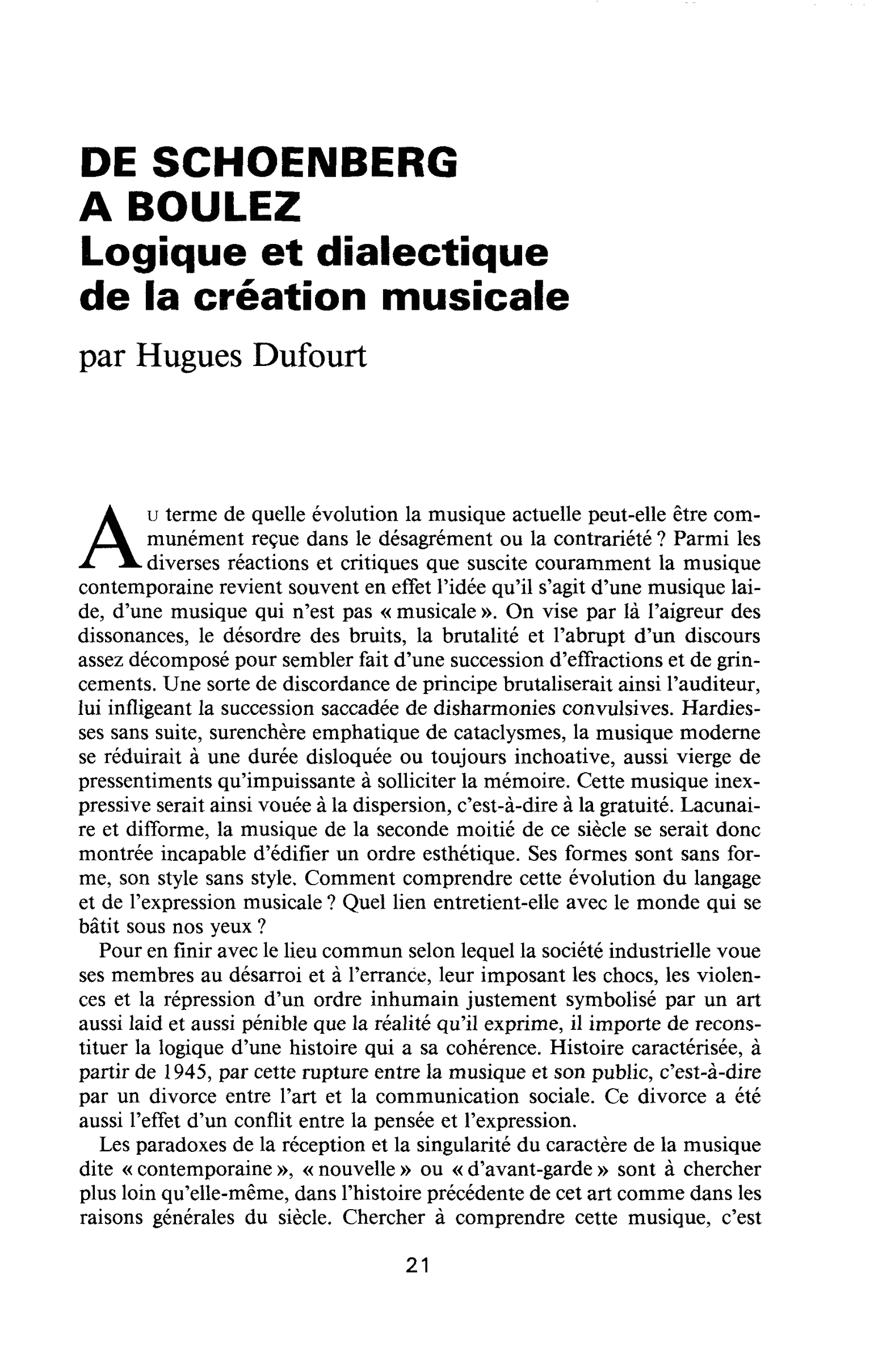 DE SCHOENBERG A BOULEZ. Logique et dialectique de la création musicale