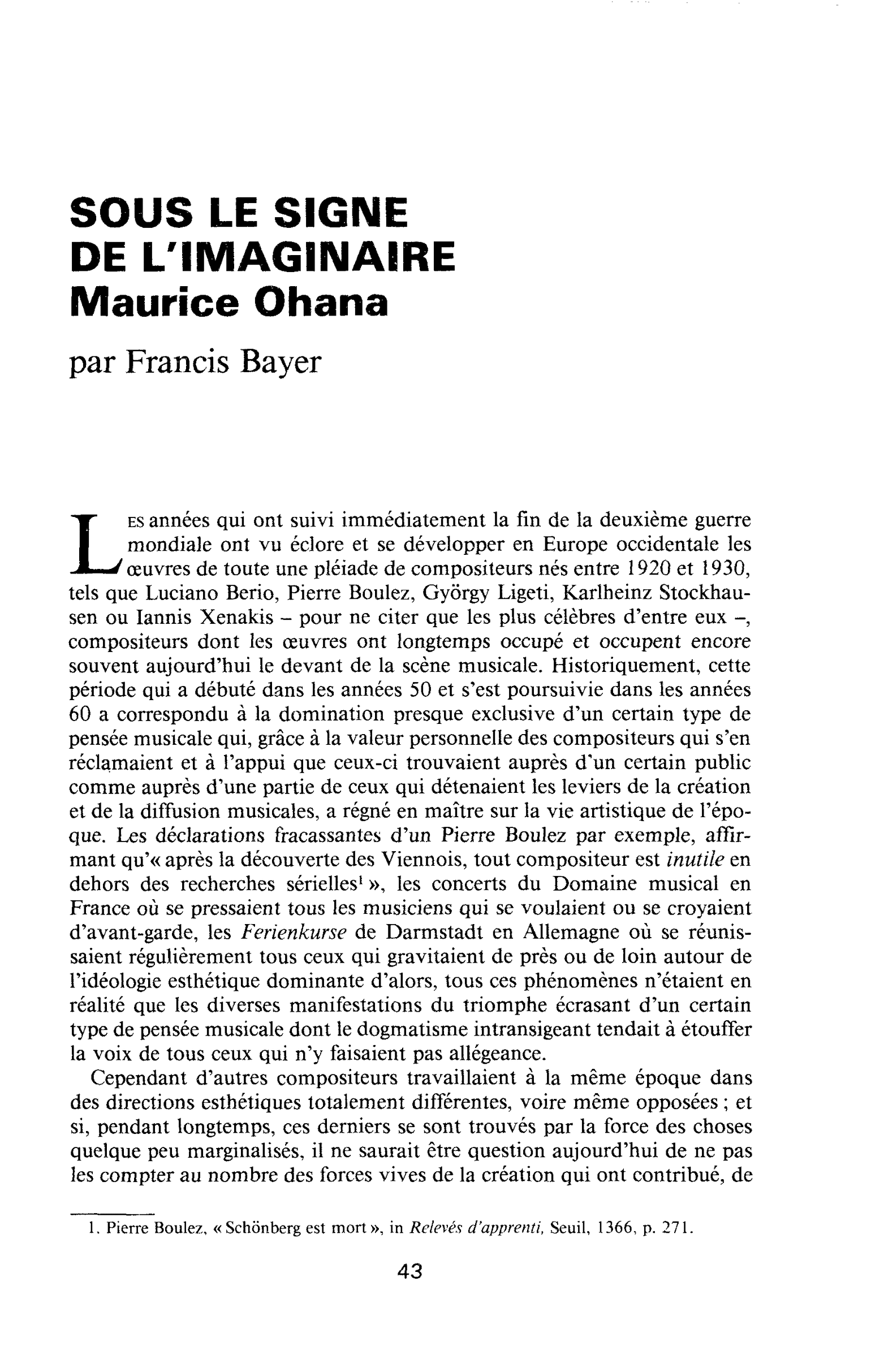 SOUS LE SIGNE DE L’IMAGINAIRE. Maurice Ohana