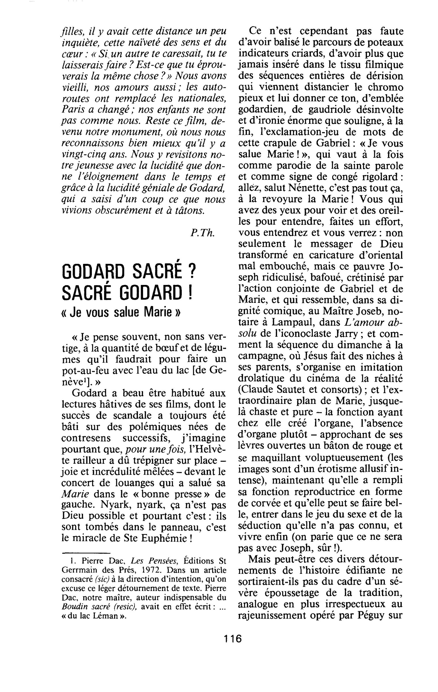 GODARD SACRÉ ? SACRÉ GODARD ! « Je vous salue Marie »