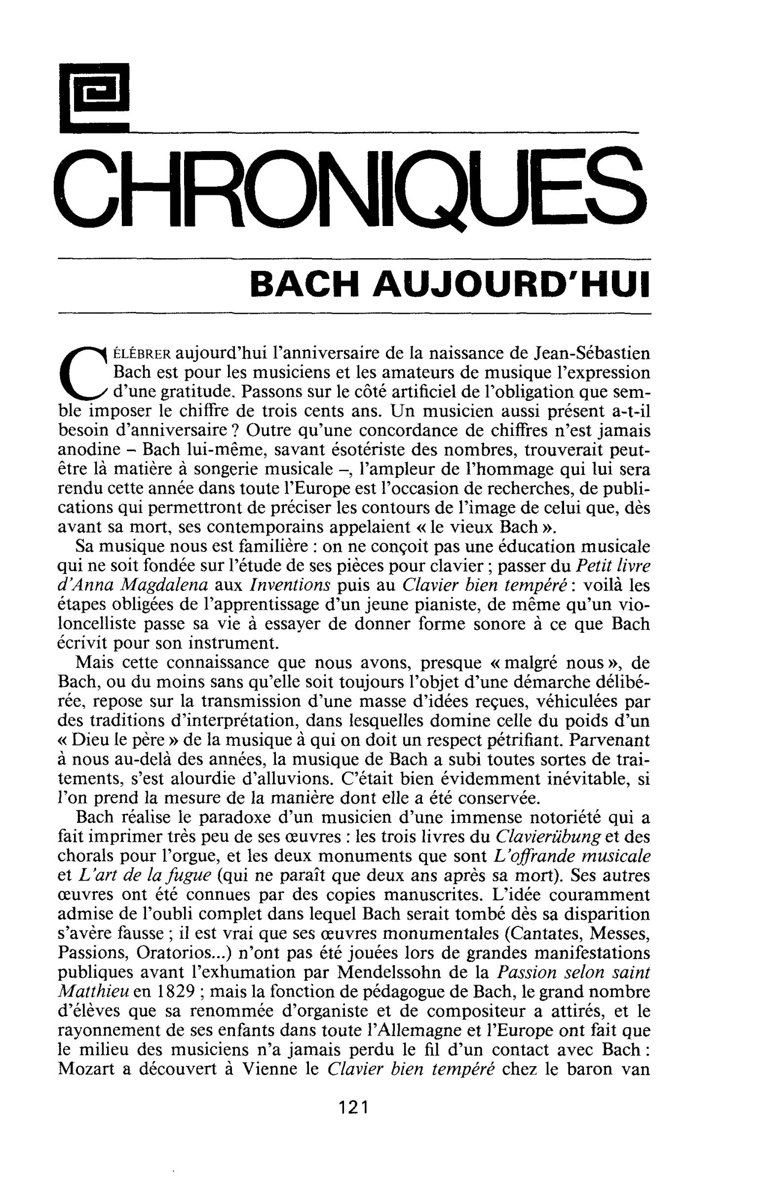 BACH AUJOURD’HUI