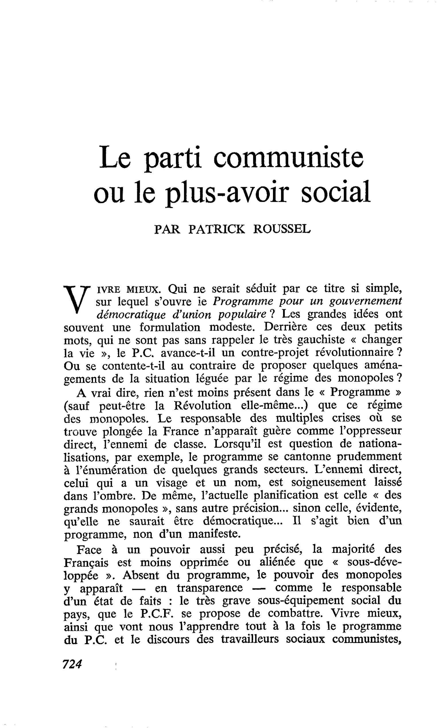 Le parti communiste ou le plus-avoir social