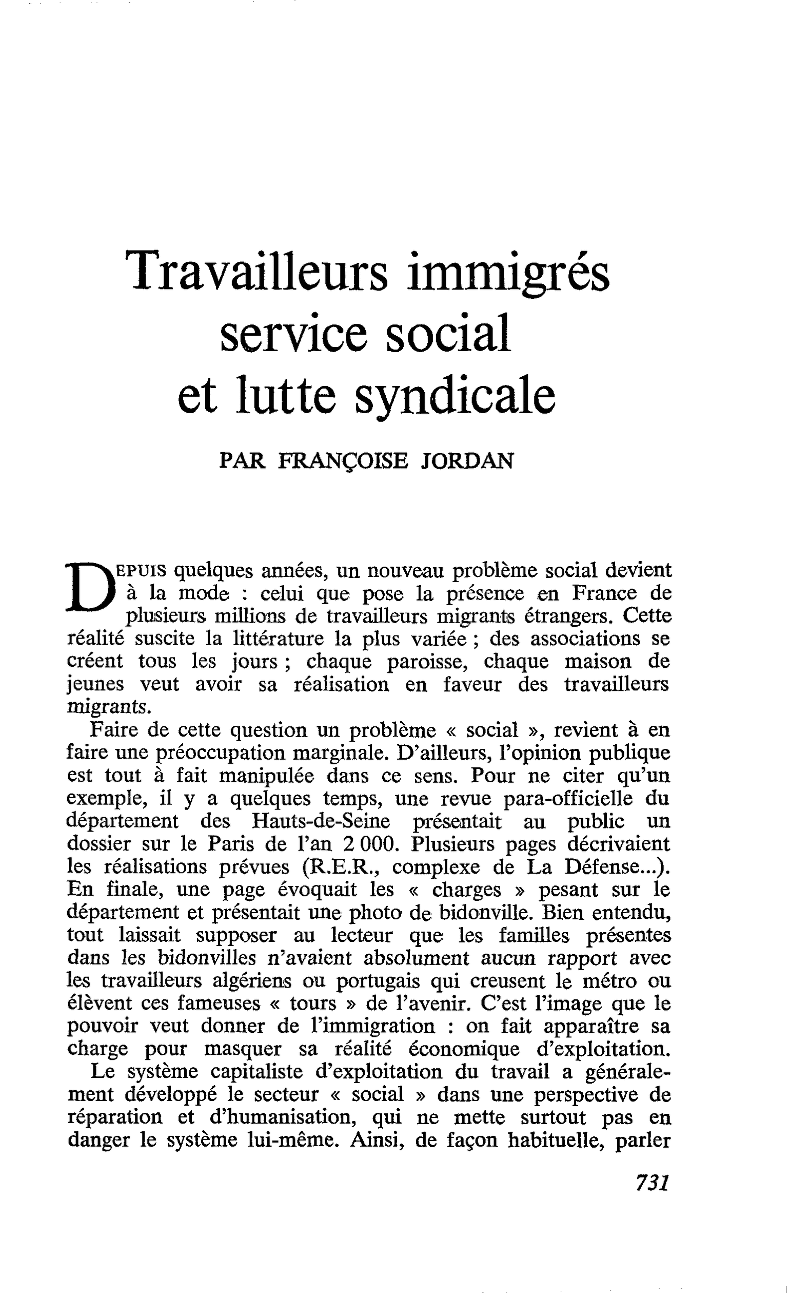 Travailleurs immigrés service social et lutte syndicale