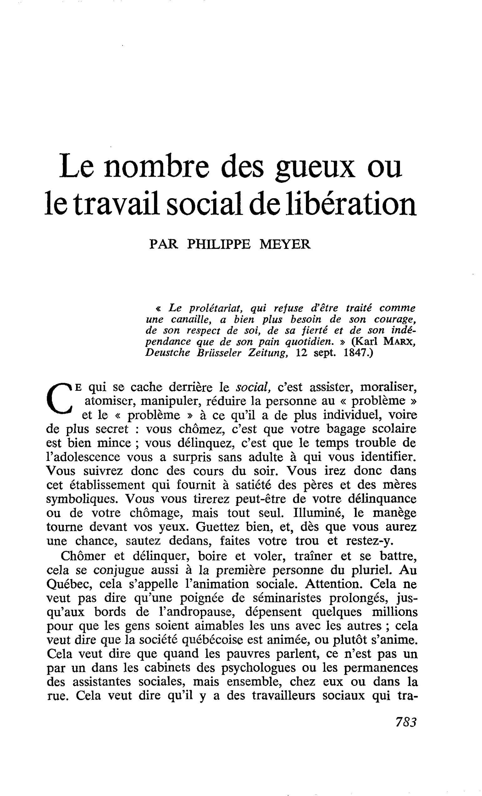 Le nombre des gueux ou le travail social de libération