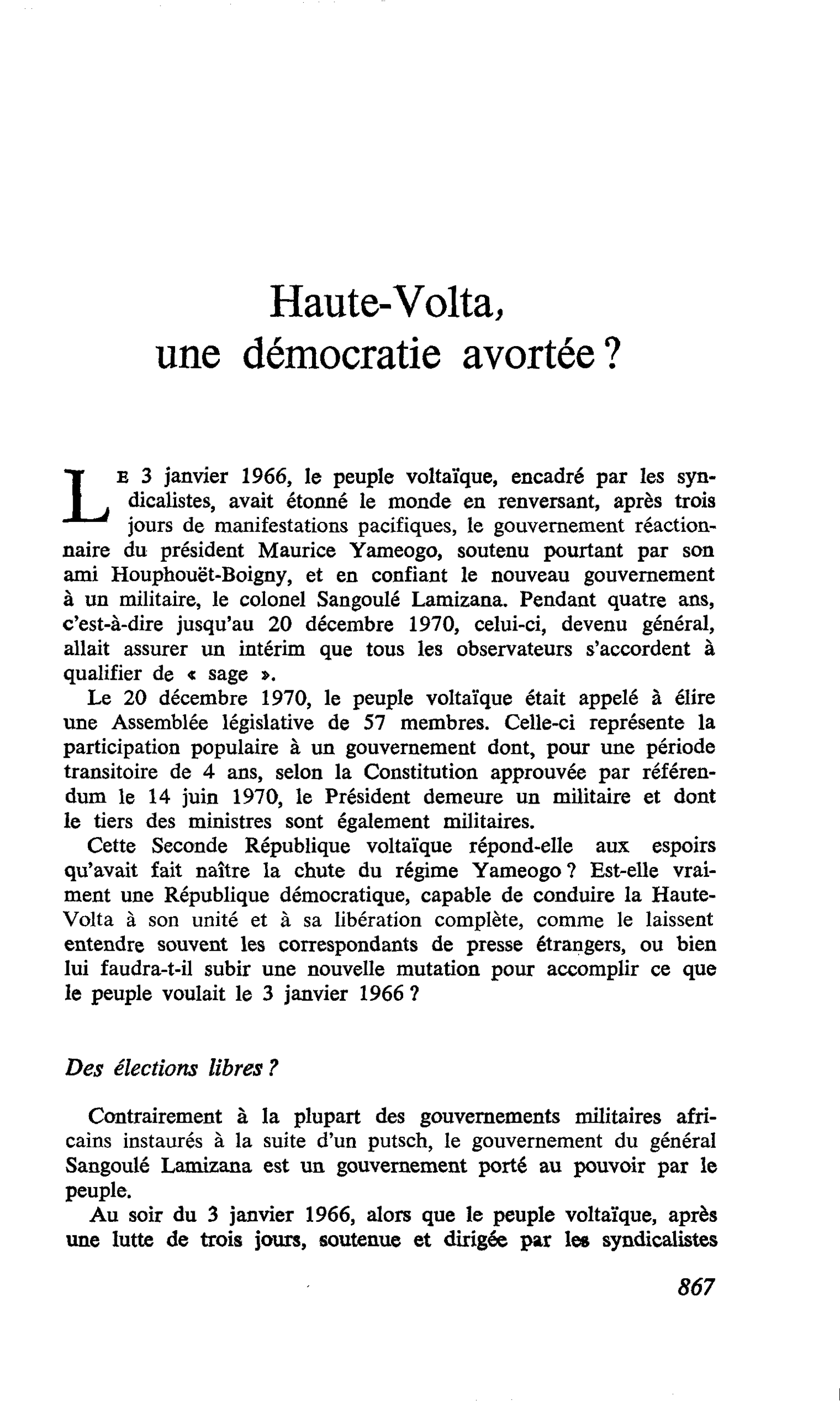 Haute-Volta, une démocratie avortée ?