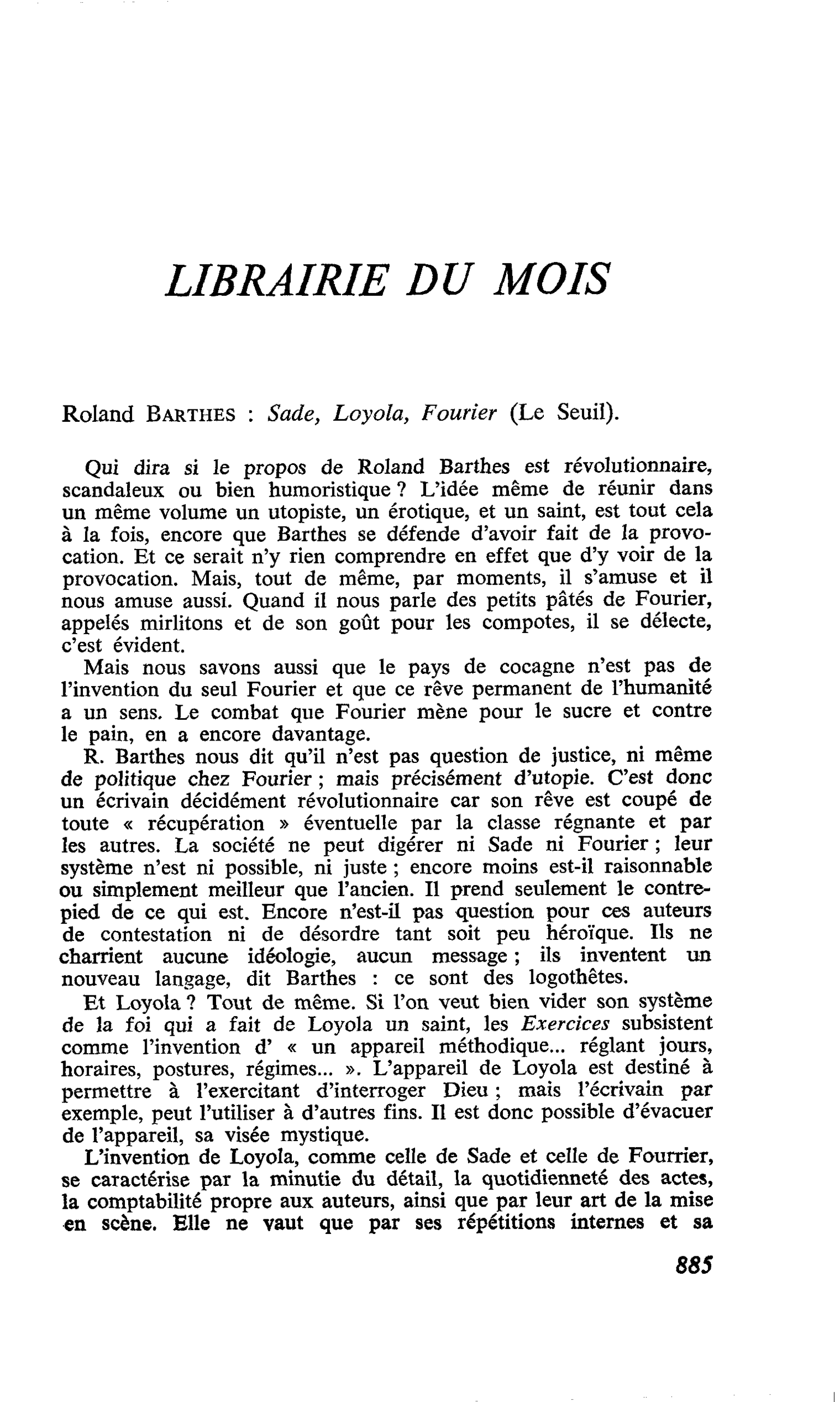 Roland Barthes : Sade, Loyola, Fourier